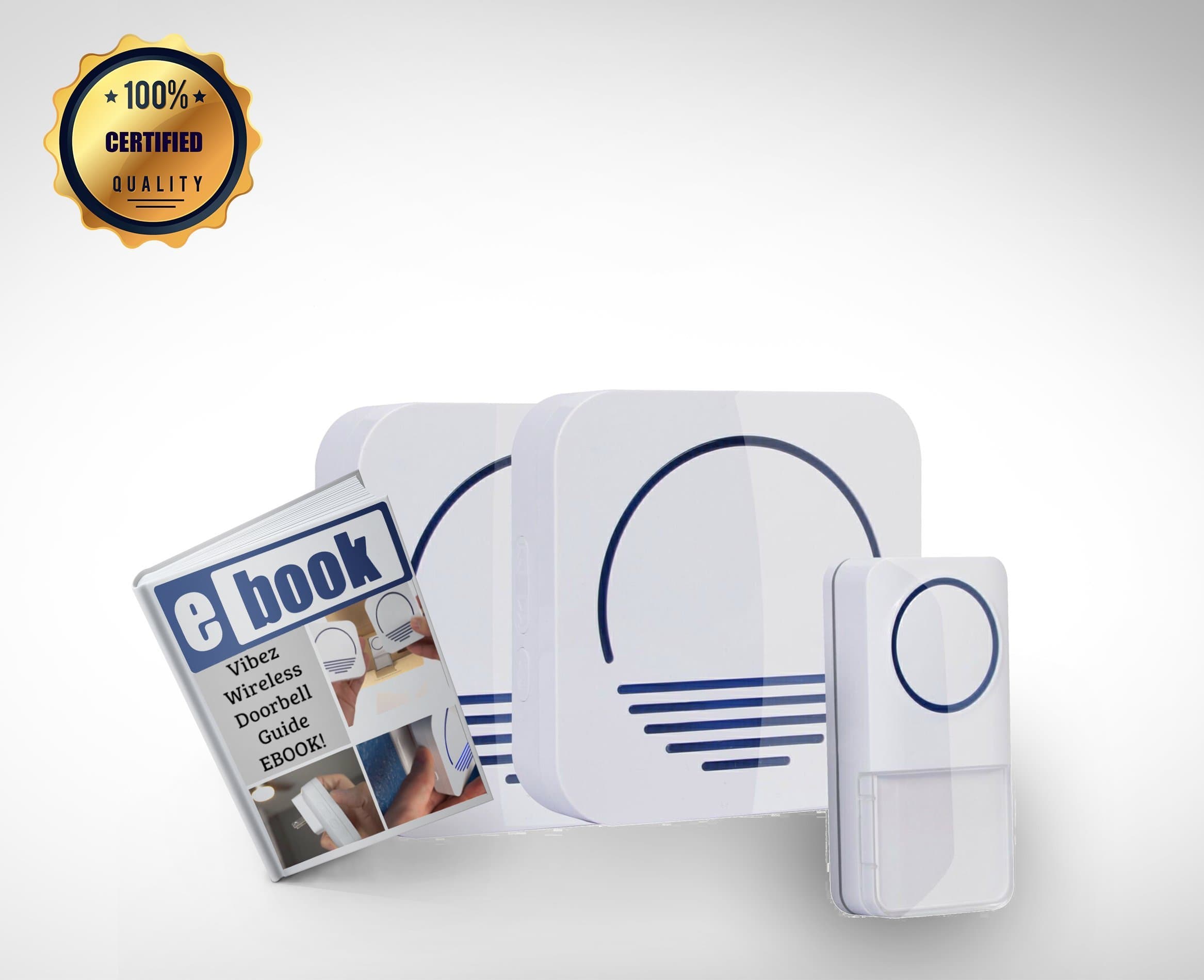 Wireless Doorbell System w/ 1 Push Button & 2 Receivers by Great Vibez - BONUS Ebook & Lifetime Product Protection - Enjoy a Wireless Plugin Doorbell Kit with 1000 Ft. Range, LED Light, 50+ Chimes!