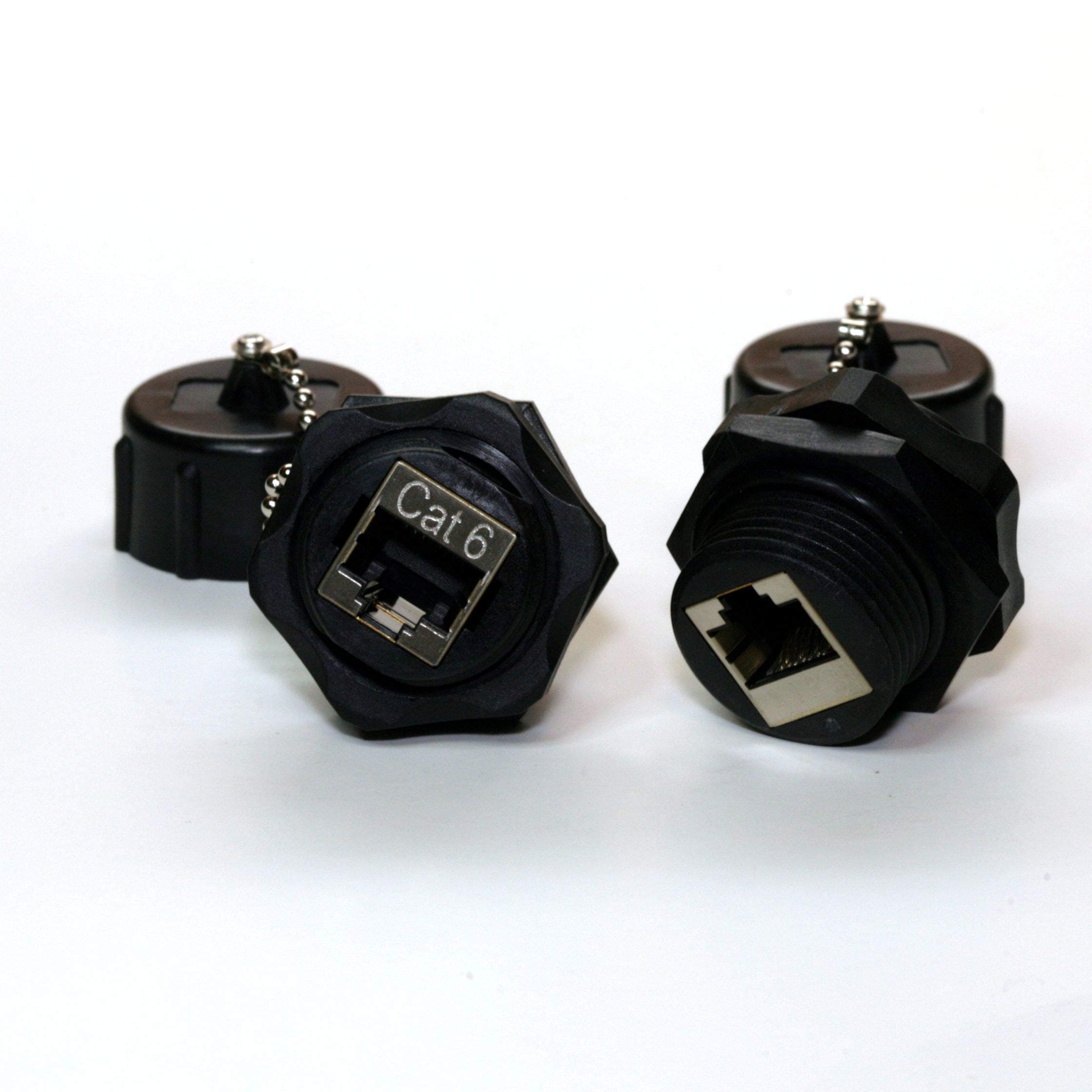 PCCables.com CAT 6 RJ45 Shielded Industrial Panel Mount Bulkhead Female/Female Feed Thru Coupler - IP67 Waterproof/Dust Cap - Professional Series Network Connectors - Black