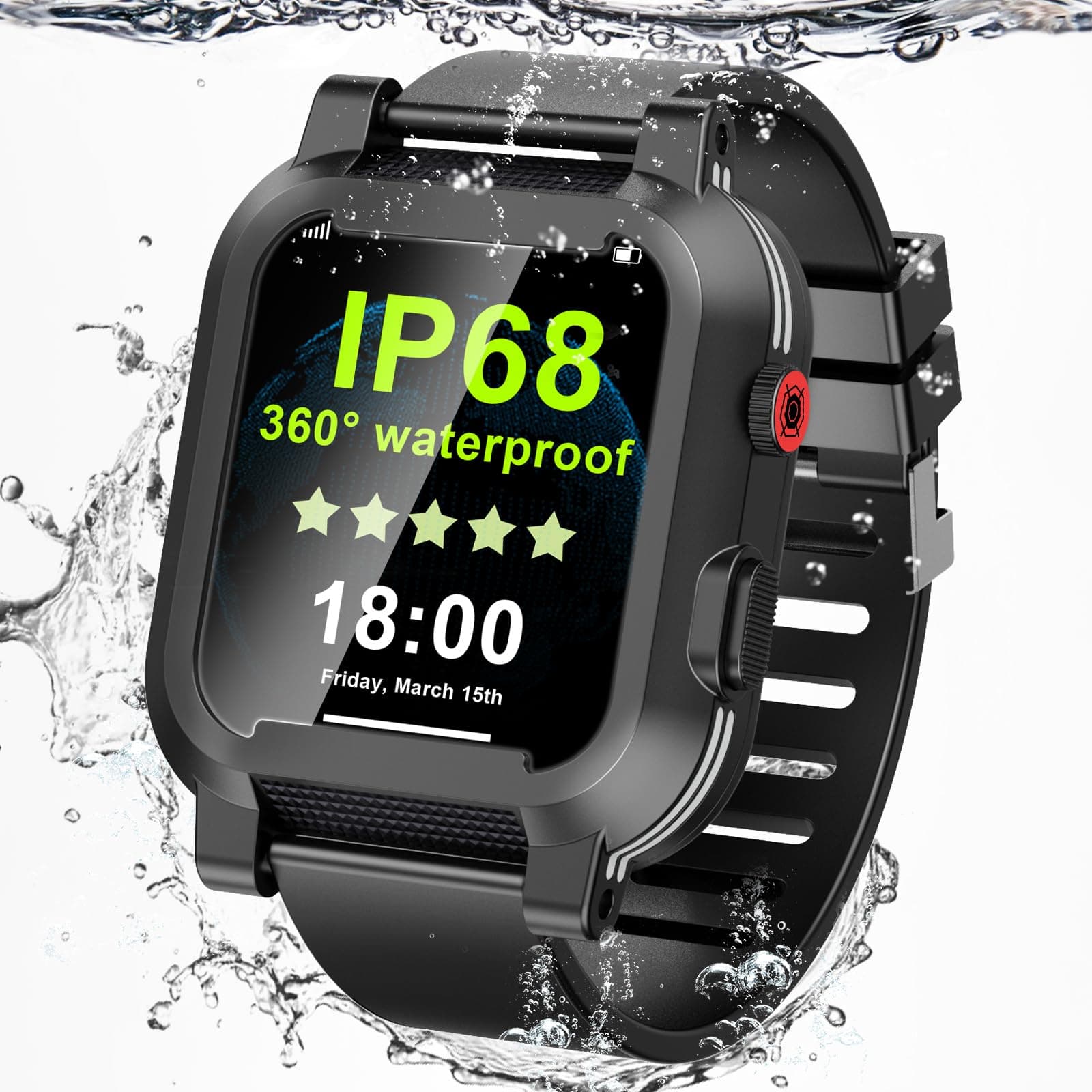IP68 Waterproof Case with Band and Screen Protector Compatible for Apple Watch Series 10 9 8 7 6 5 4 3 2 SE2 SE, Heavy Duty Bumper Rugged Case Protective Cover Sport Strap Back Cover for iWatch Accessories, 38mm