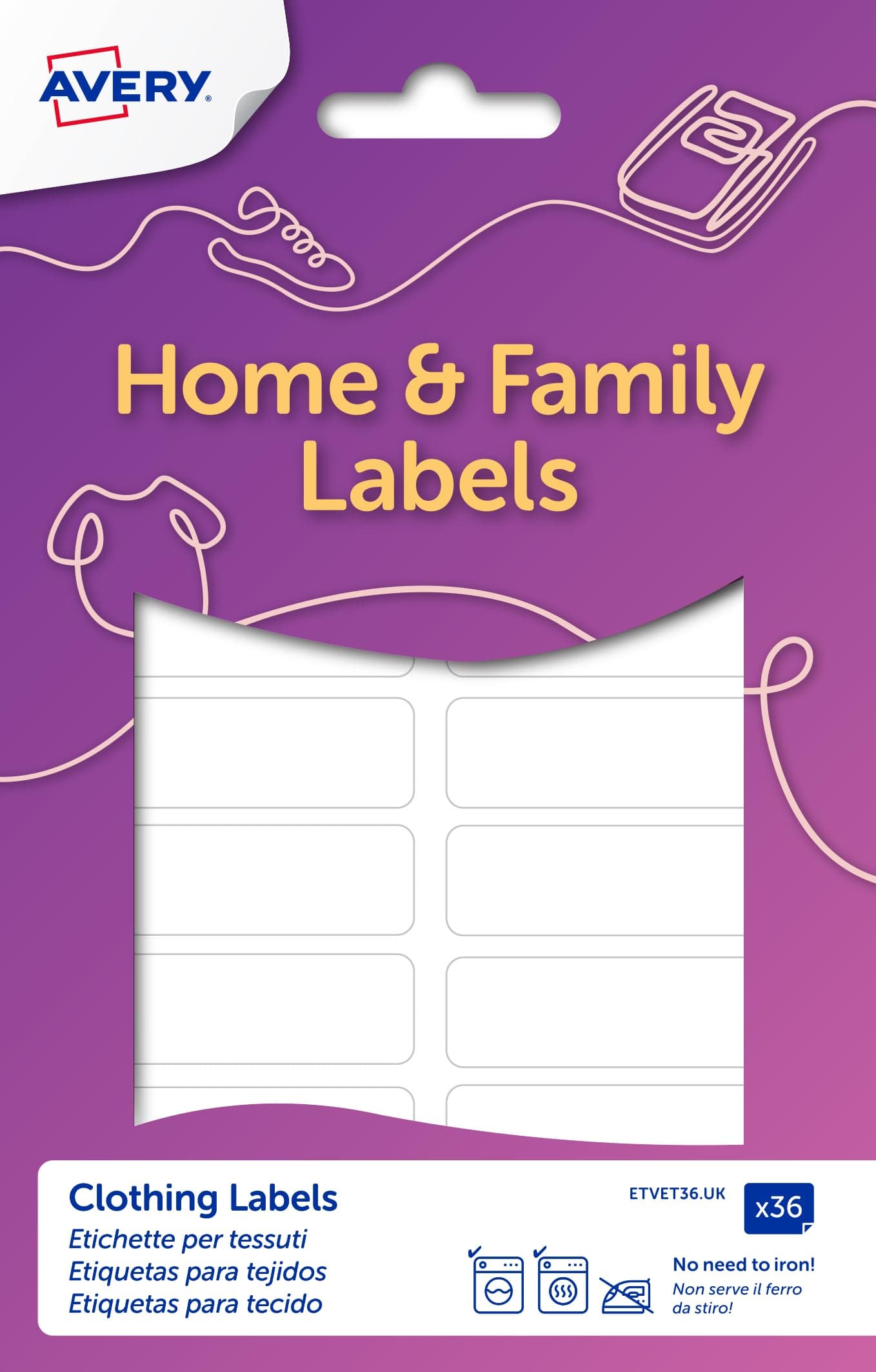 Avery Stick-On Clothing Labels for Kids – Handwriting Name Stickers, No Iron or Sewing, Waterproof & Washer Safe, School Uniform & Nursery Labels, White, 45mm x 13mm, 36 Pack (ETVET36.UK)