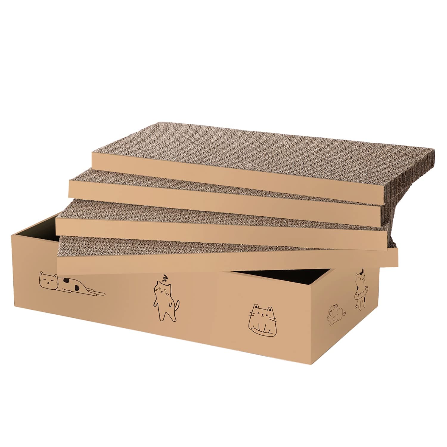 4 Packs in 1 Cat Scratch Pad with Box, Cat Scratcher Cardboard,Reversible,Durable Recyclable Cardboard, Suitable for Cats to Rest, Grind Claws and Play with Scratch Box