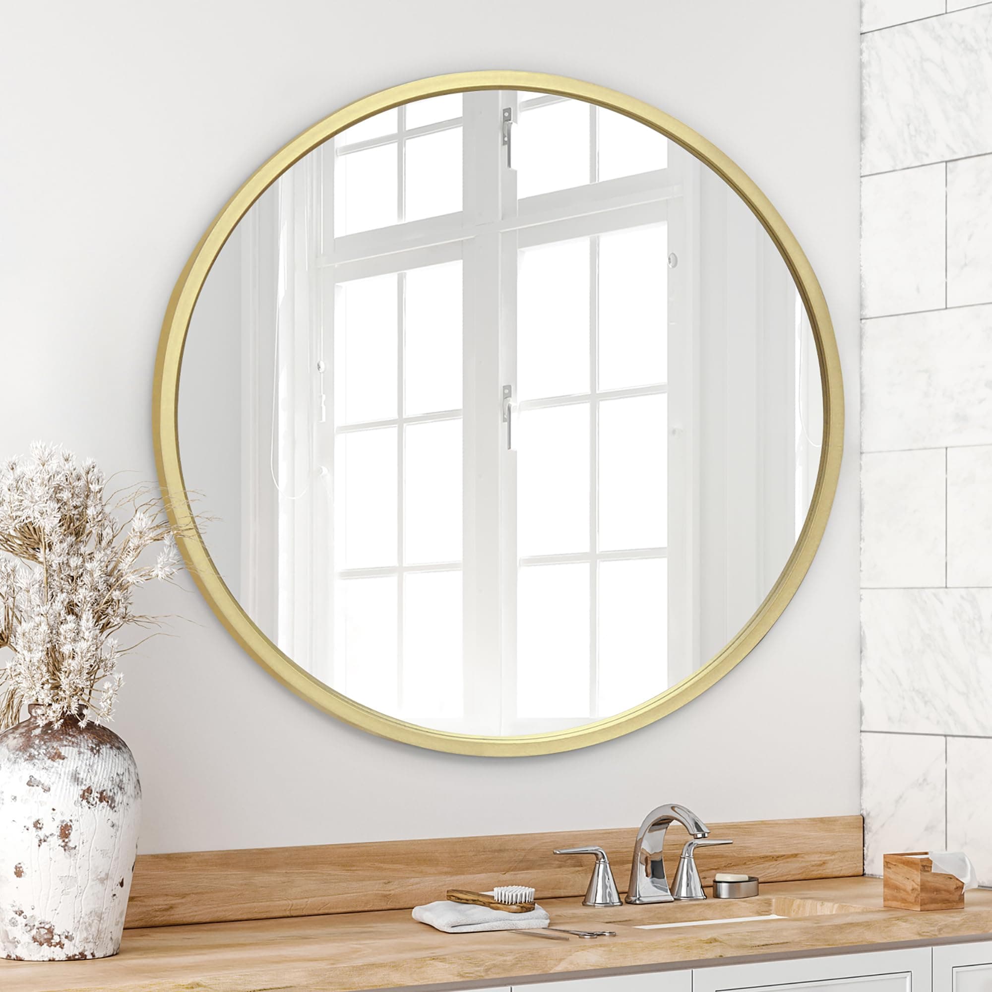 Americanflat 32" Framed Gold Round Mirror