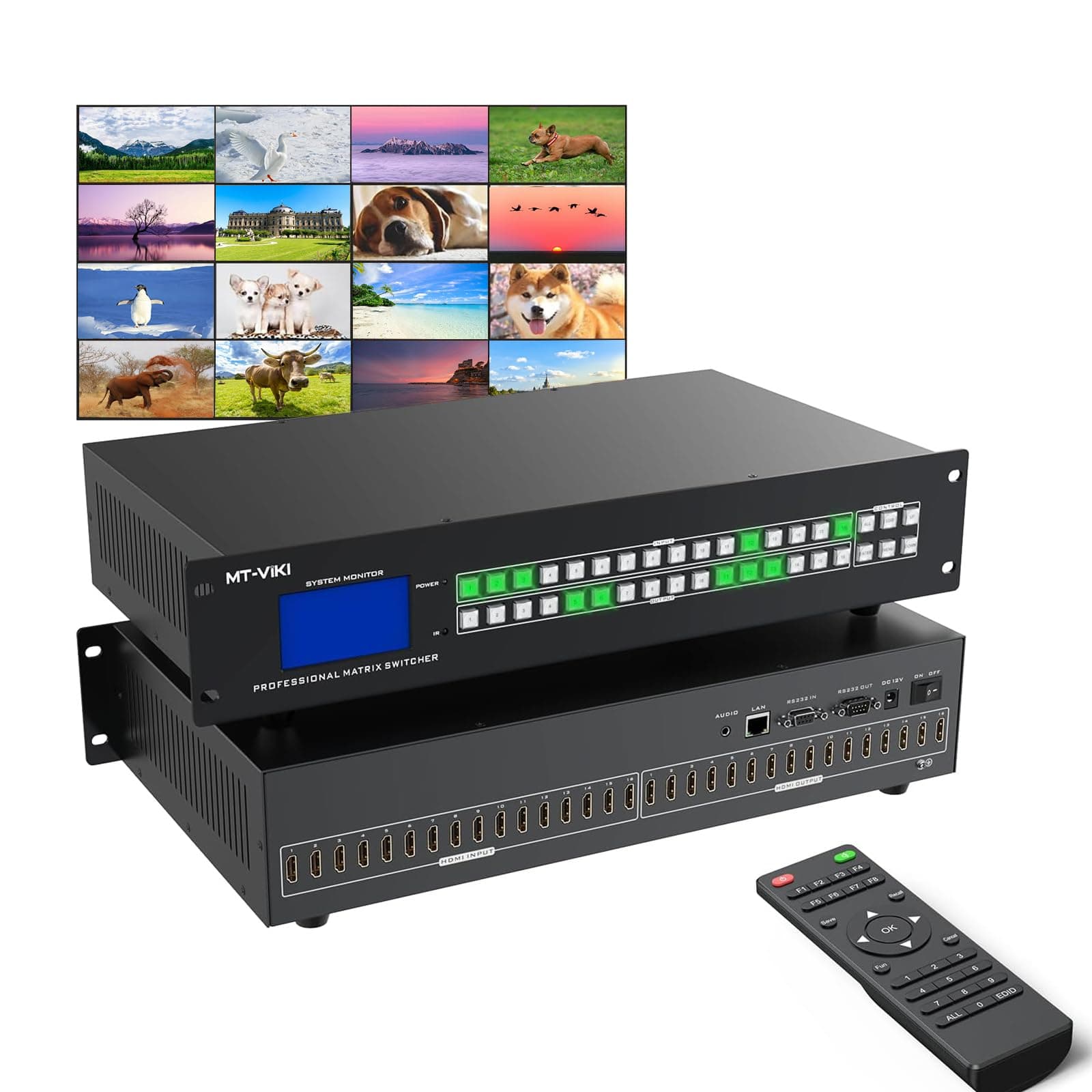 MT-VIKI 16X16 4K HDMI Matrix Switch Support Web GUI & 3.5mm Stereo Audio, 4K@30Hz, Rack Mount Switcher & Splitter, EDID, RS232, LAN Port, APP