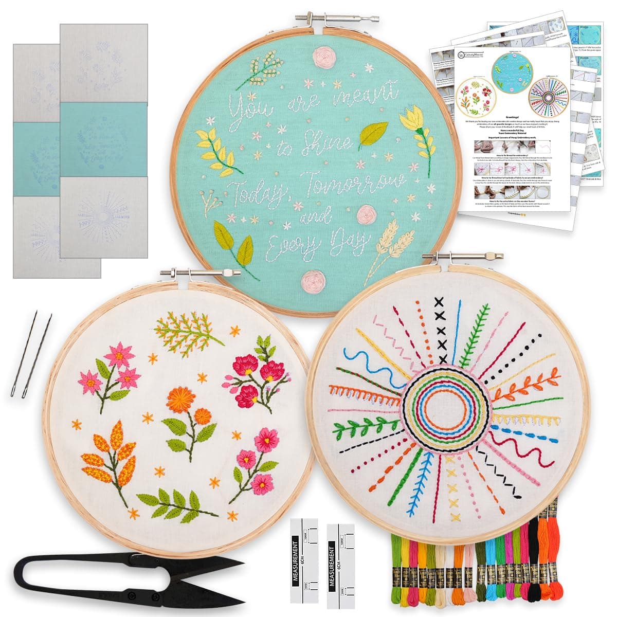Embroiderymaterial Embroidery DIY Kit Combo 3New Designs 8 Tutorial Pages 6 Printed Fabrics-18 Threads & All Other Materials Included-15 Type of Stitches