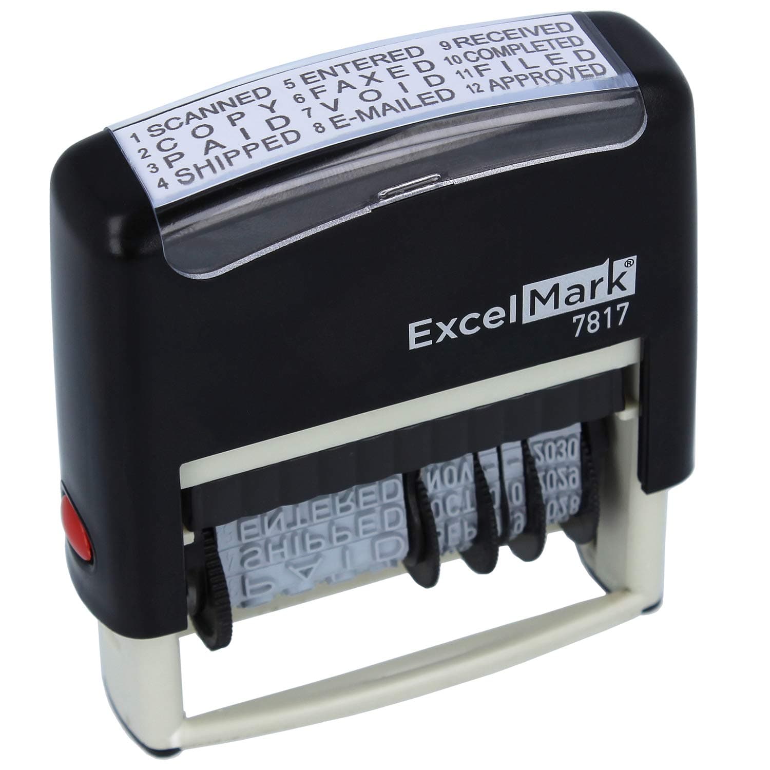 ExcelMark 12 Phrase Self Inking Date Stamp - 2" x 1/4" - Black Ink (7817)