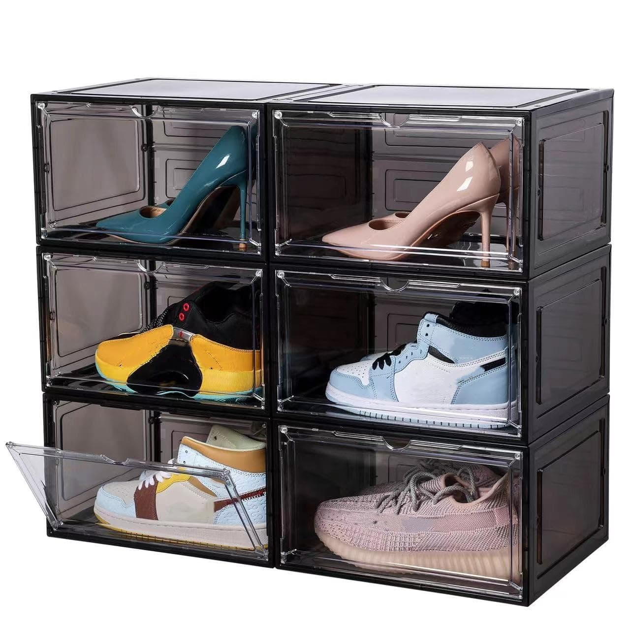 Attelite Large Clear Shoe Box Organizer,Plastic Stackable Shoe Storage Box with Magnetic Door, Large Clear Door Shoe Containers for Display Sneakers, Easy Assembly(Black)