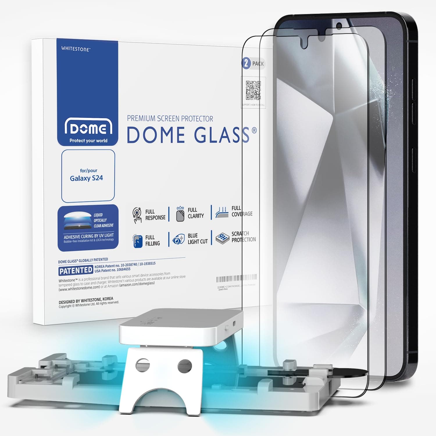 DOME GLASS Whitestone [Authentic full coverage] Tempered glass screen protector for Galaxy S24 with UV lamp [2pack]