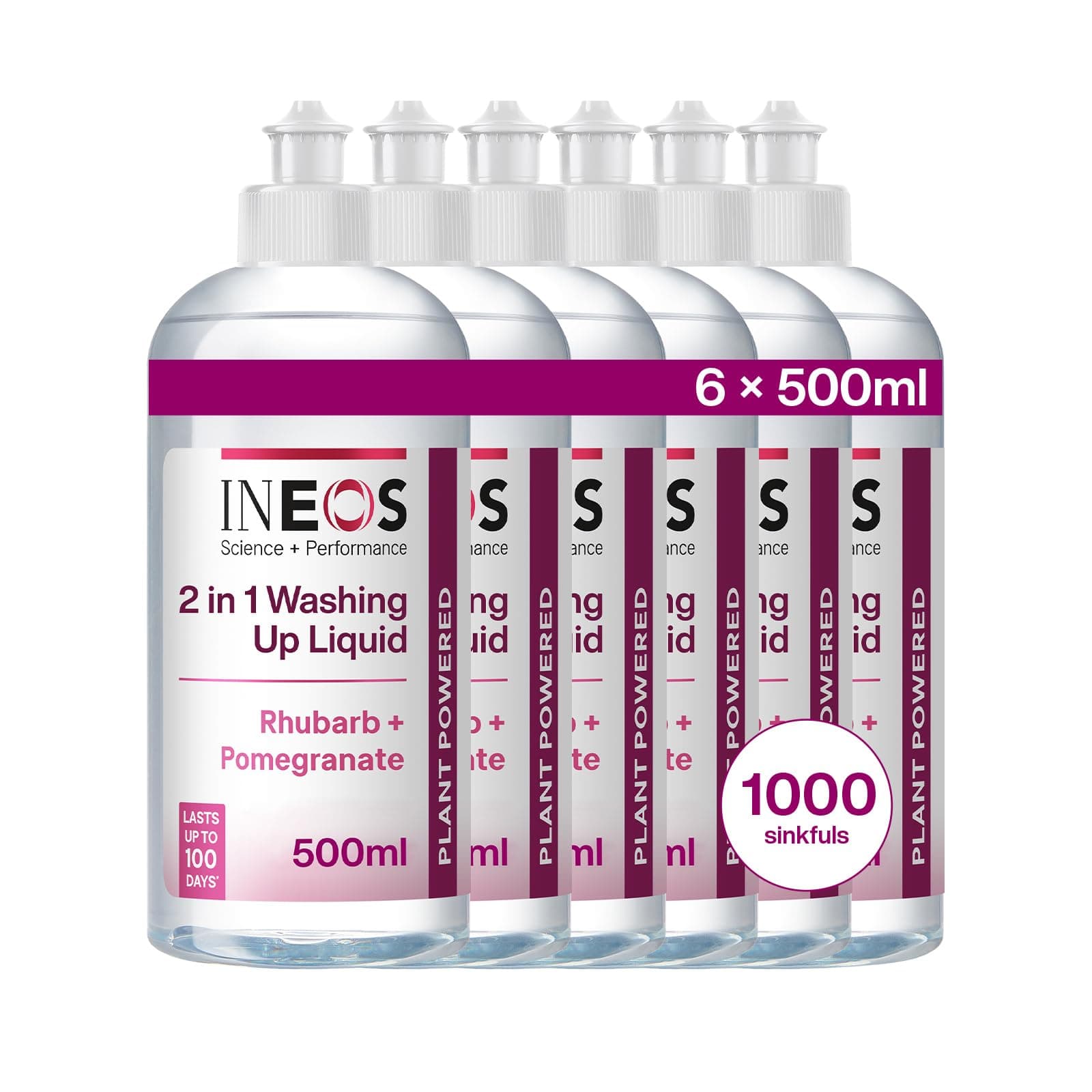 INEOS Next-Gen 2in1 Washing Up Liquid, 3L (500ml x 6), 1000 Sinkfuls, Dishwashing + Handwashing, Plant Powered, Rhubarb + Pomegranate, Packaging May Vary