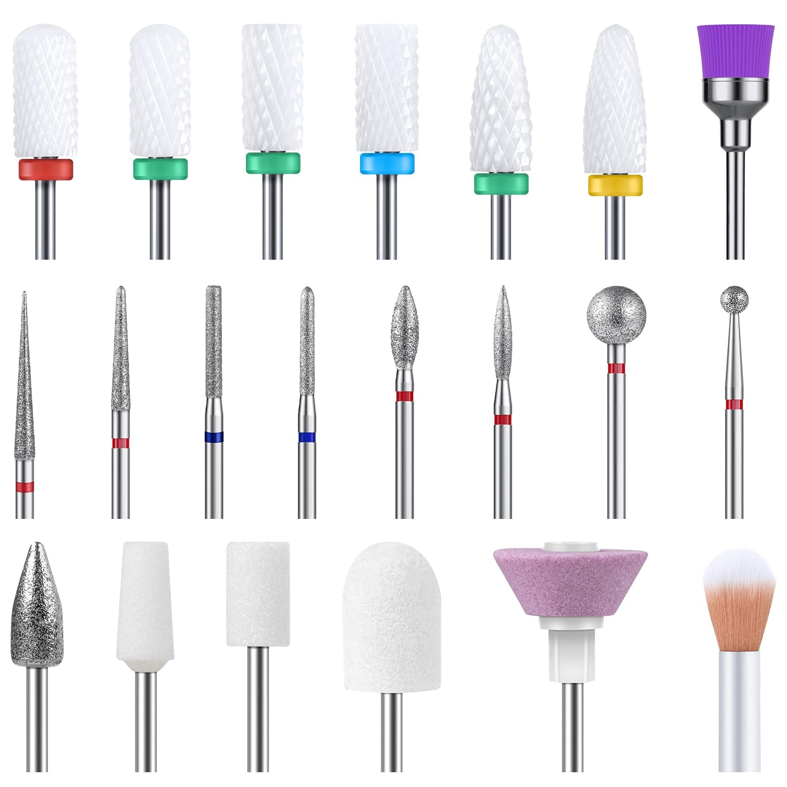 21pcs Nail Drill Bit Set, Professional 3/32'' Ceramic Diamond Carbide Acrylic Gel Nail Art Tool Kit, Cuticle Remover Bit for Acrylic Gel Dip Powder, Nail Manicure Pedicure (Multicolor)