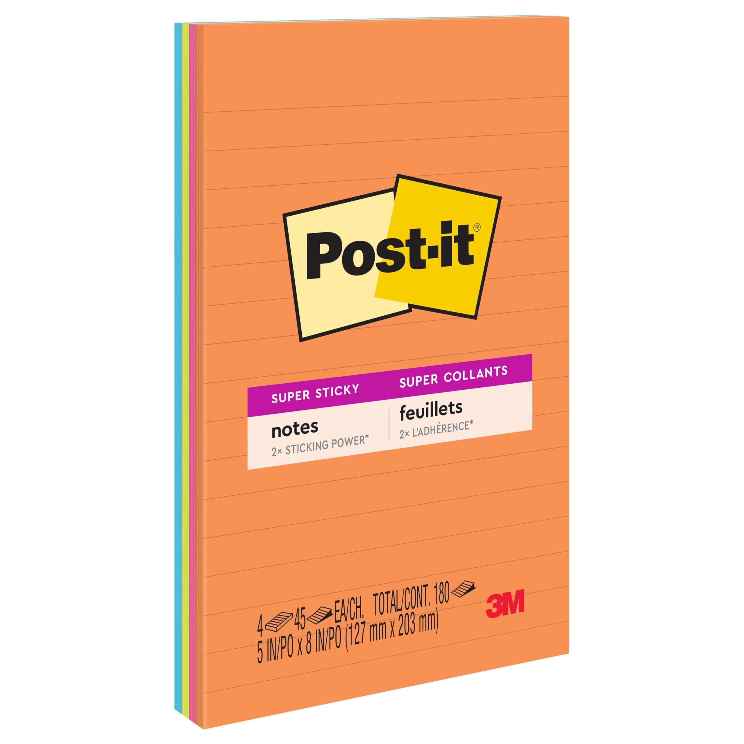 Post-it Super Sticky Notes Lined 5 x 8 in (127 x 203 mm) 5845 Rio Assorted colors, 2 pads/pack | Extra Sticky Notes | For Note Taking, To Do Lists | Clean Removal | Recyclable | 45 sheets/pad