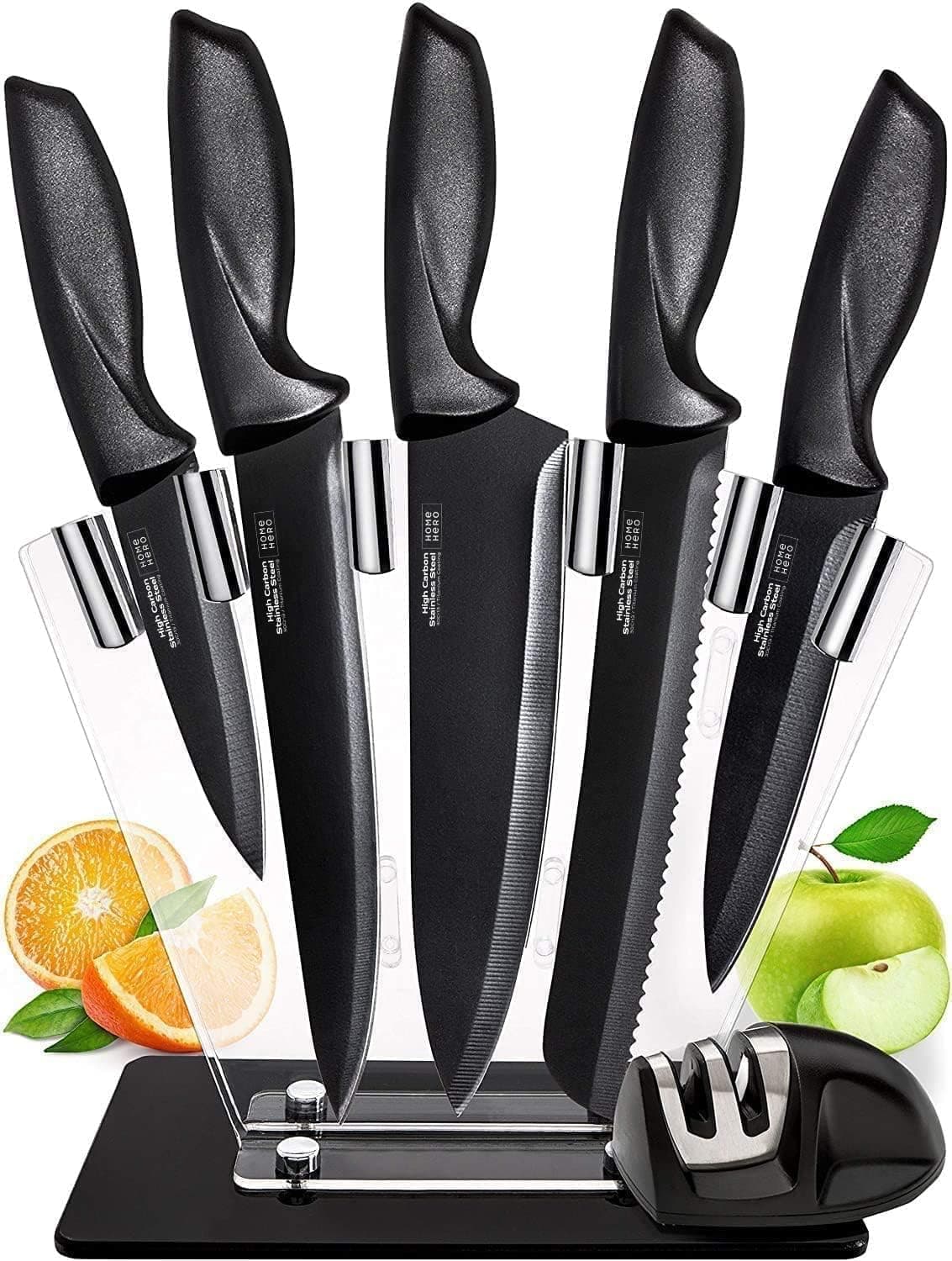 Ultra-Sharp Stainless Steel Kitchen Knife Set - Chef Knives Set (7 pcs Set - Black with Knife Block)