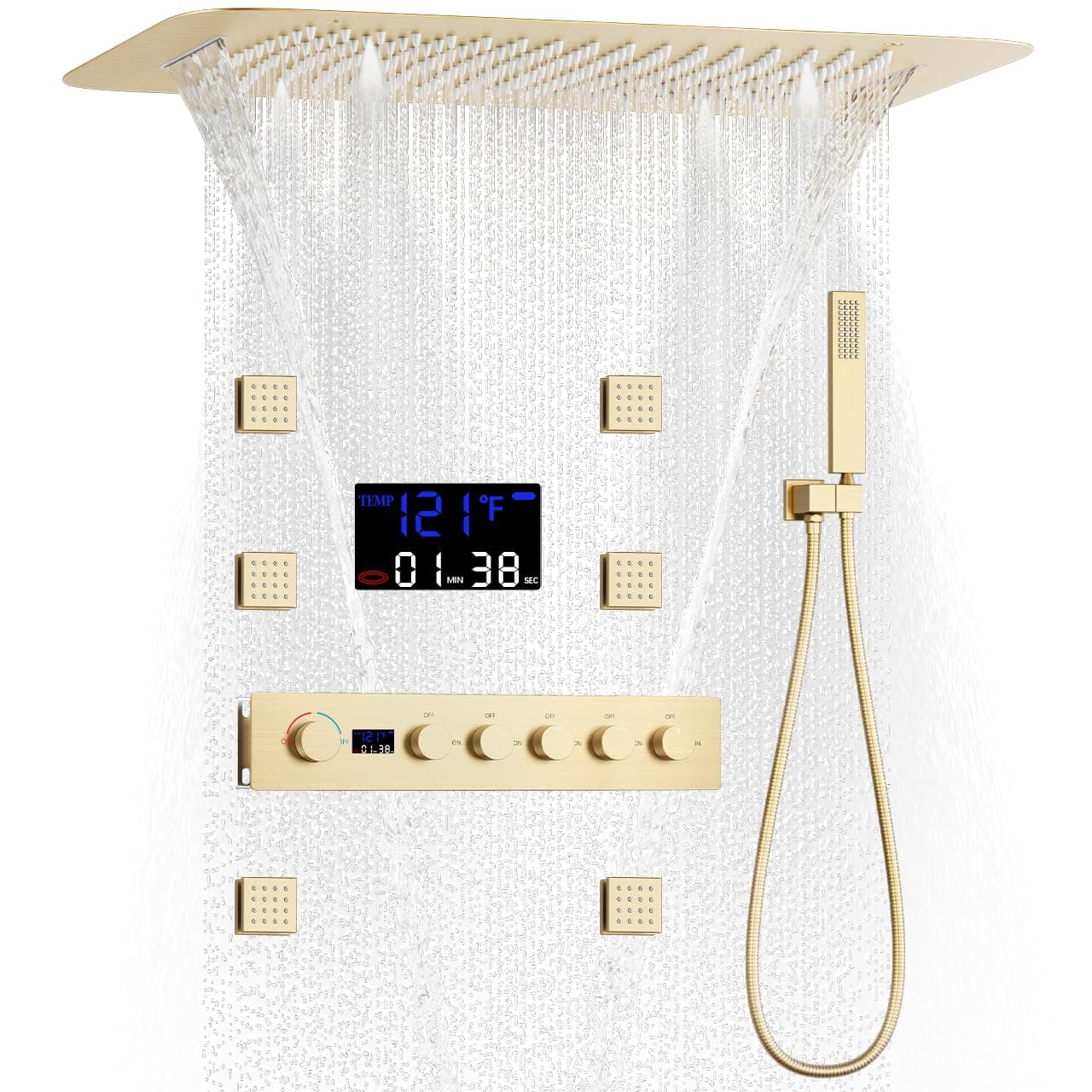 AYIVG Brushed Gold Digital Display Shower System Multi Functions Full Body Shower System 16 * 24 Inches Shower Fixtures Set with 5 Function LCD Display Thermostatic Shower Valve