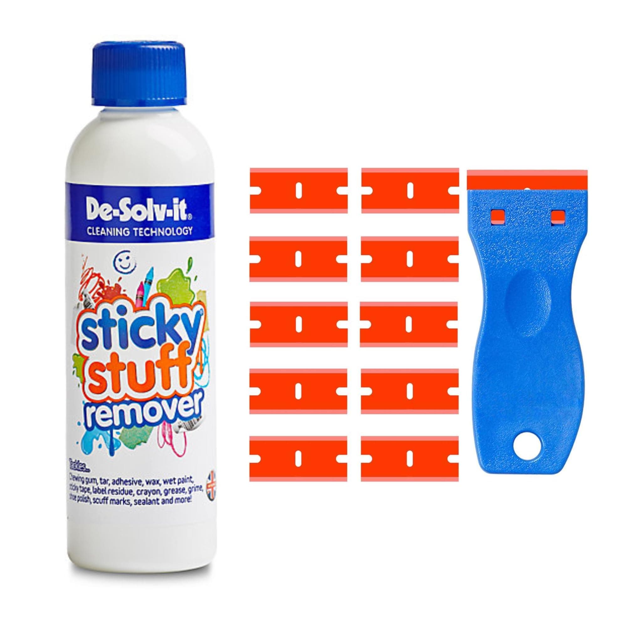 Sticky Stuff Remover 250ml and Scraper Tool Bundle with 10 Plastic blades work as an Adhesive Remover, Glue Remover, Sticker Remover and Glue Remover Solvent