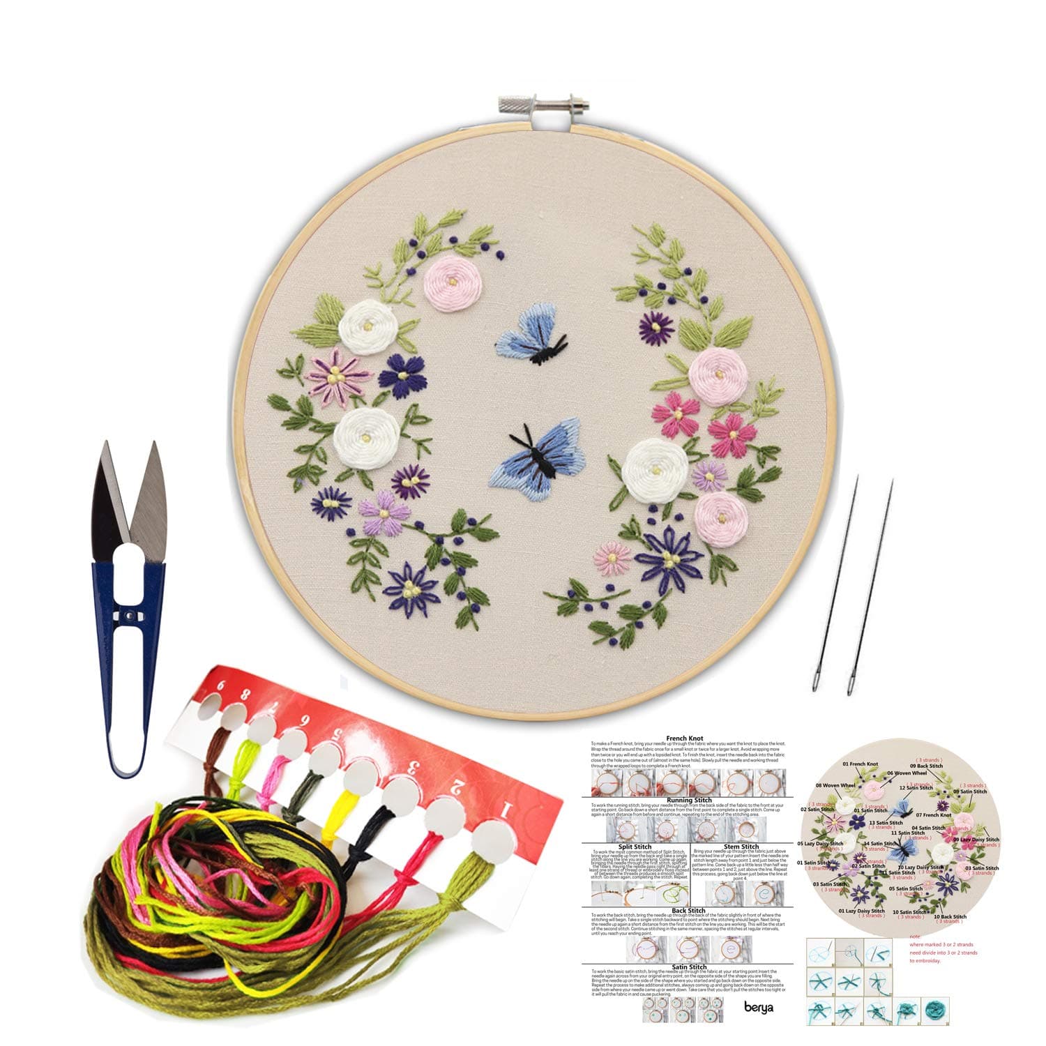 BERYA Handmade Embroidery Starter Kit Set with Pattern Including Embroidery Cloth,Bamboo Embroidery Hoop, Color Threads, and Other Tools Kit for Beginners