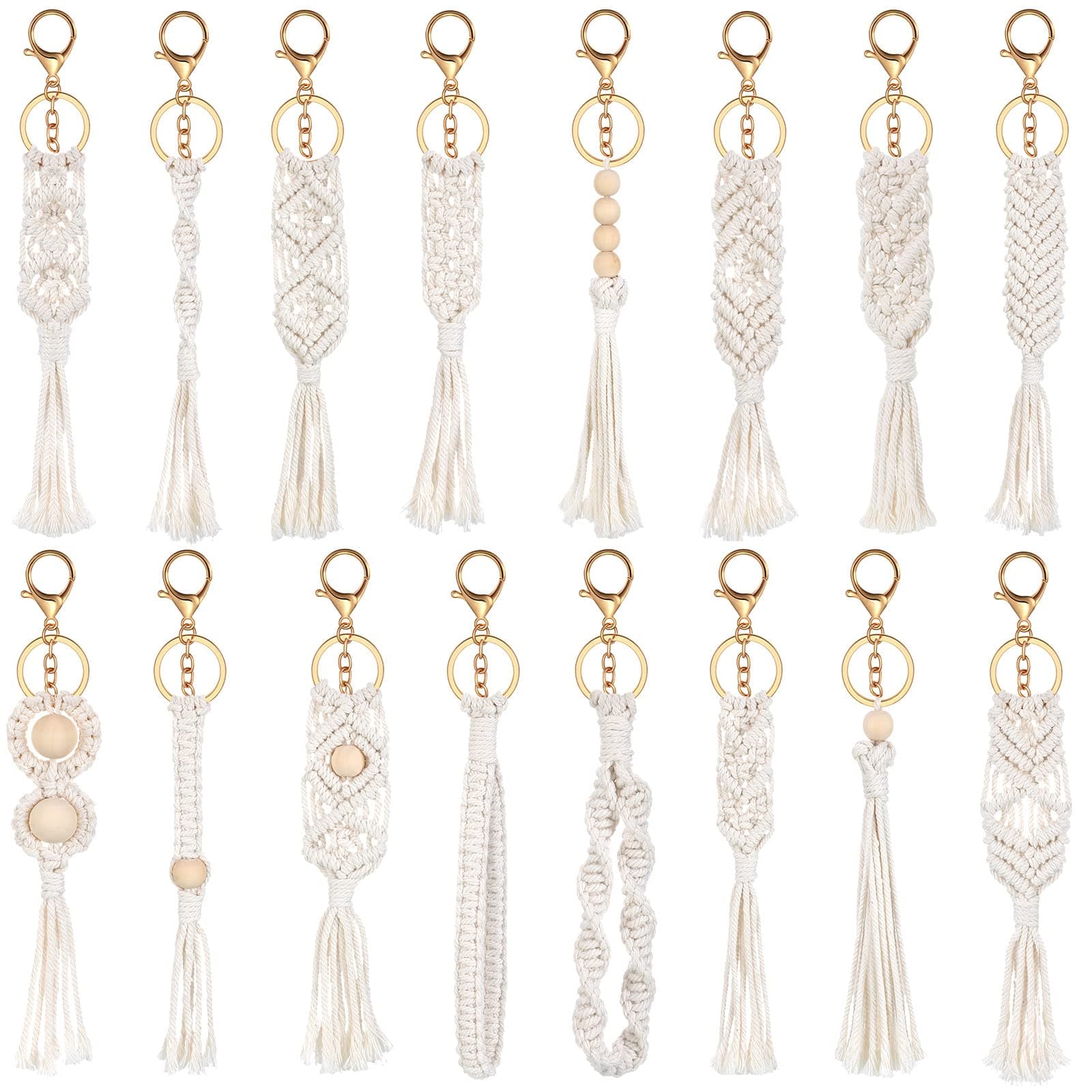 JunkinJunkin 16 Pack Mini Macrame Keychains Cute Boho Macrame Bag Charms Handcrafted Aesthetic Boho Car Accessories Boho Keychain for Women Tassel Keychain for Car, As Pictures Show, 15 cm