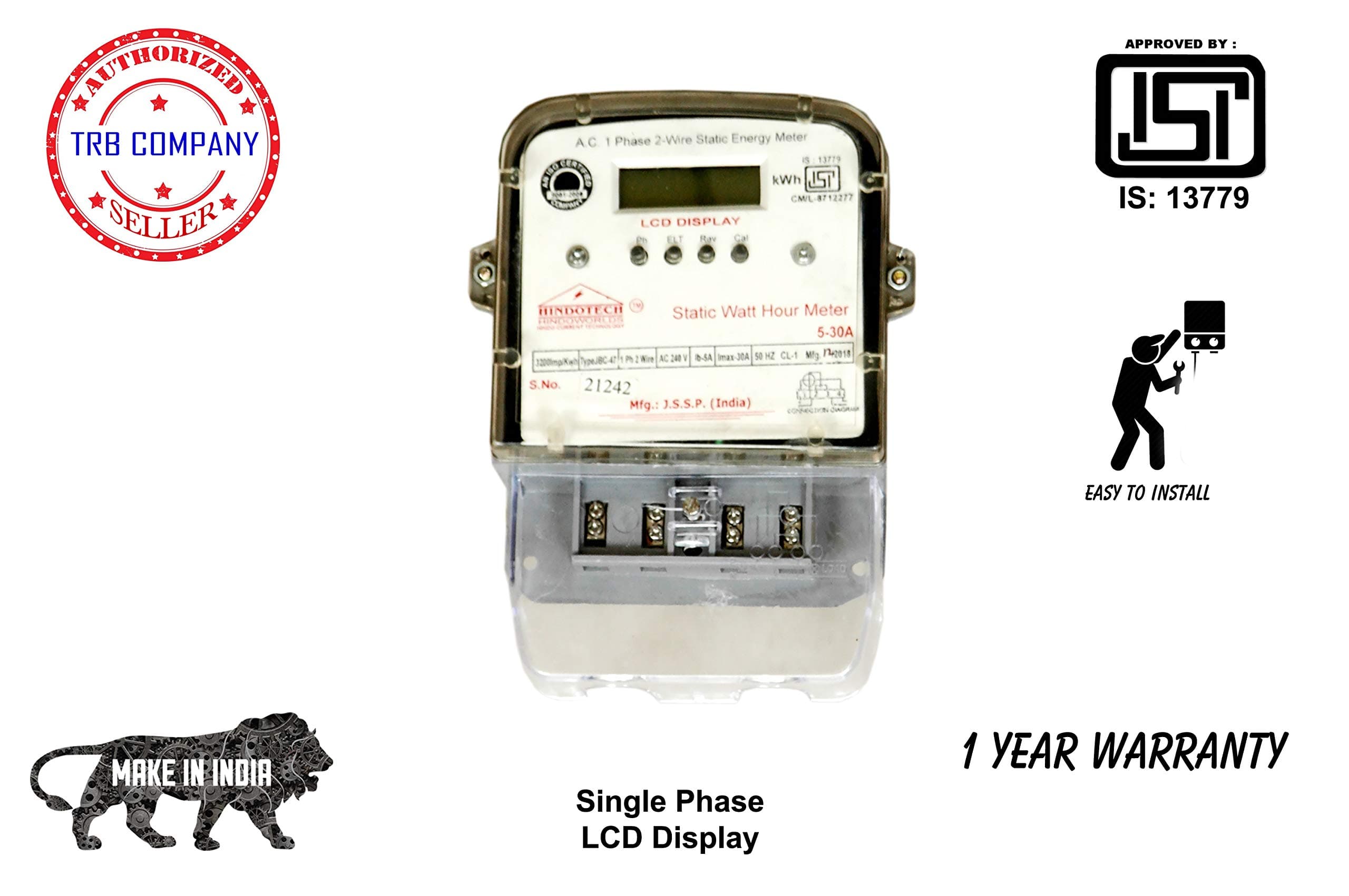 HINDOTECH electonic Single Phase, 2 Wire, 5-30 A, LCD DISPLAY watt hour electrical Meter for domestic use with computerized test report exclusively sold by TRB COMPANY