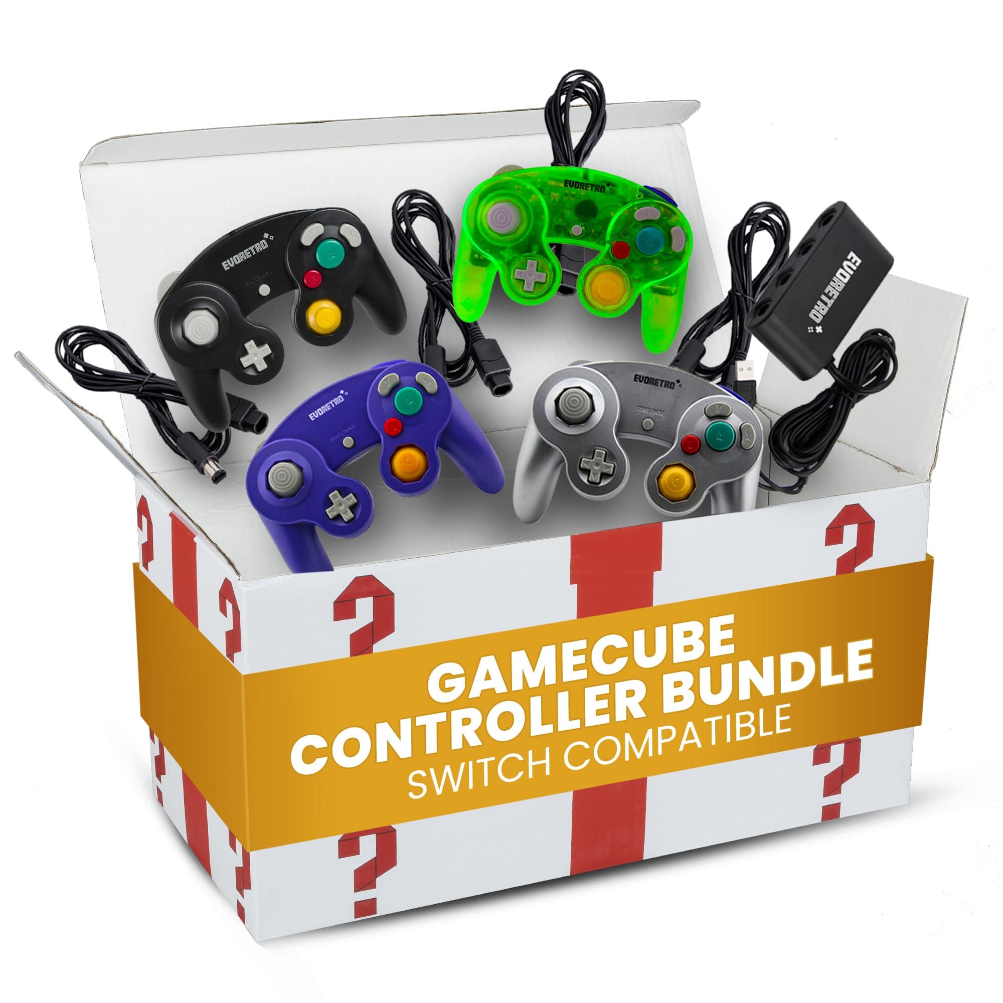 EVORETRO 4 Pack Gamecube Controller Bundle - with 4 Extension Cords and a 4-Port Adapter for/Switch/PC