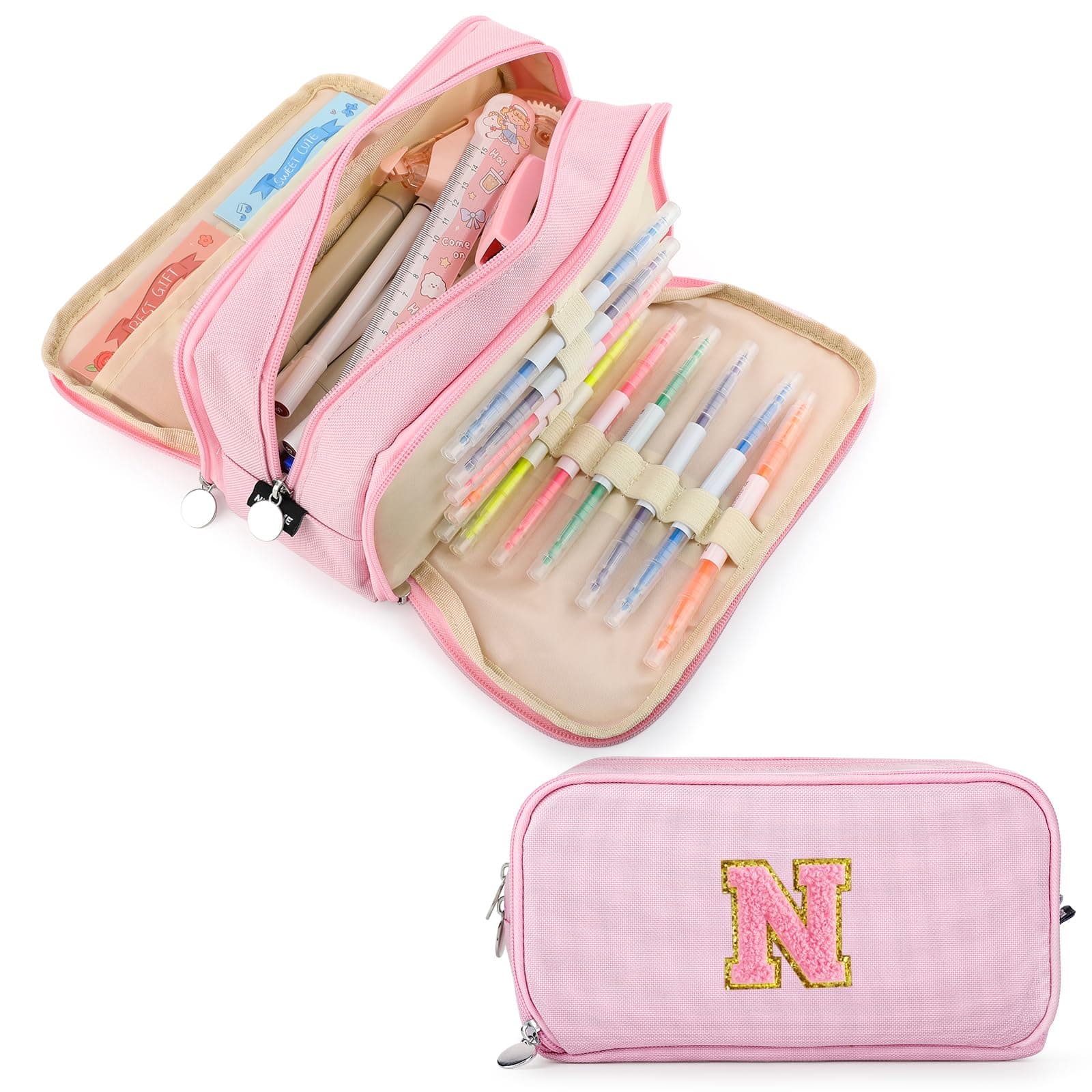 Extra Large Capacity Pencil Case 3 Compartment Initial Pencil Pouch Personalized Cute Aesthetic Stationery Pen Case Bag for School Teen Girl Boy Men Women Gift (N, Pink)