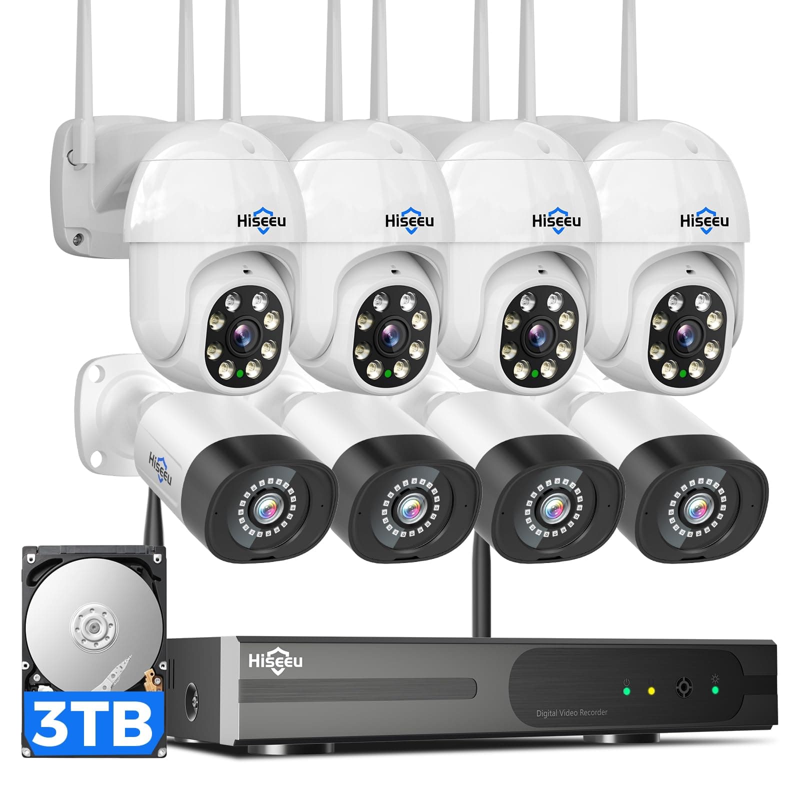 - Hiseeu Wireless Security Camera System 5MP PTZ Camer Bullut Camera, Cloro Night Vision 8ps with 3TB HDD 12'' NVR Monitor, WK-8HBC45-CT
