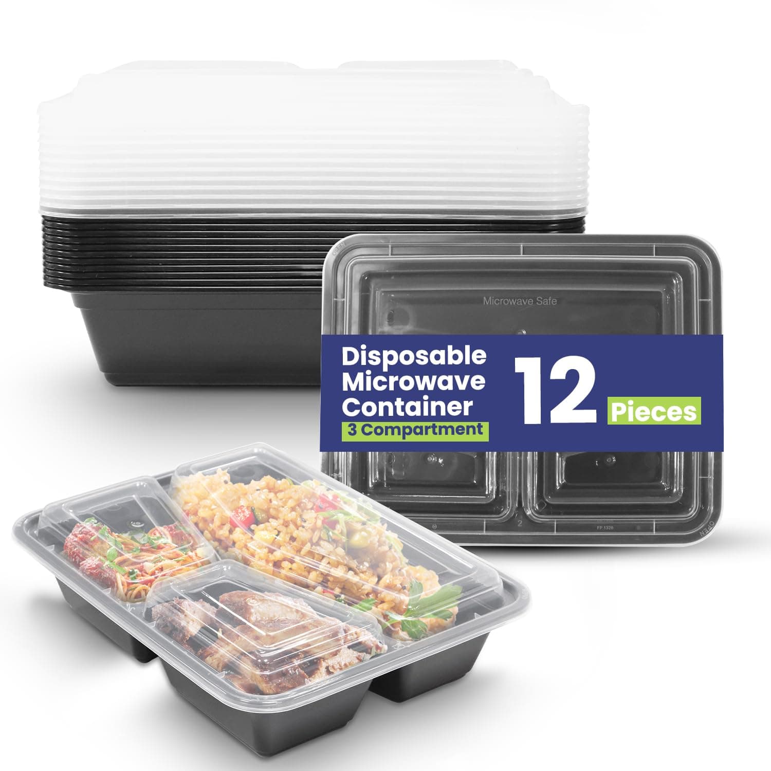SNH Packing 12 Pieces Disposable Microwave Container Rectangular - 3 Compartment