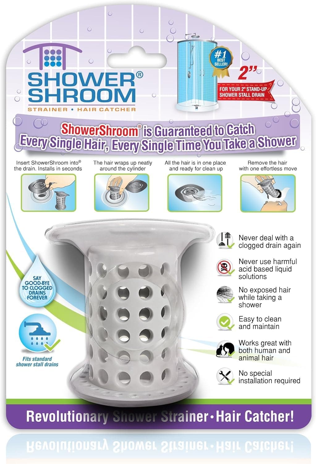 the Revolutionary 2" Stand-Up Shower Stall Drain Protector Hair Catcher/Strainer, Gray , 1 Count ( Pack of 1)