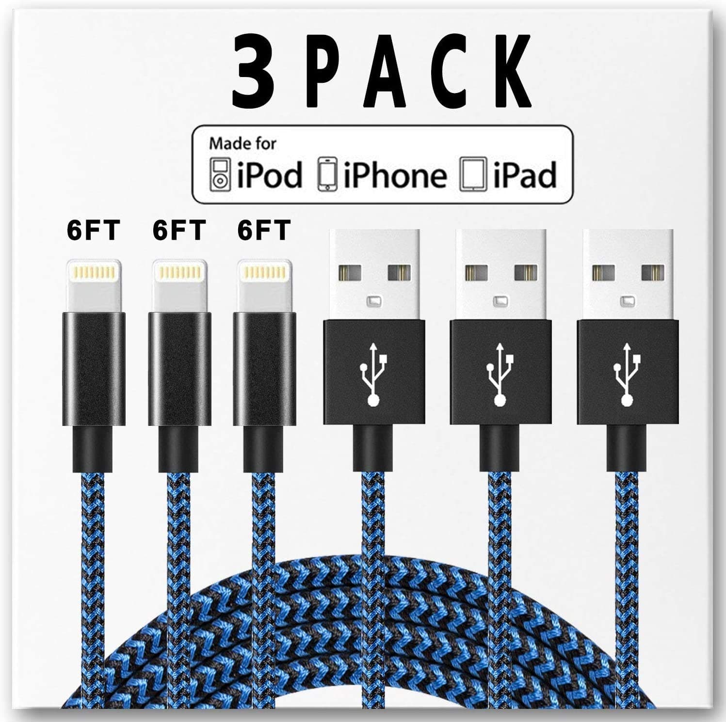 Lightning Cable iPhone Charger Cable Apple MFi Certified iPhone 11 Pro Xs MAX XR X 8 7 6s 6 5E Plus ipad car Charging Cable Cord Fast Long USB 6ft to 3pack Accessories Chargers