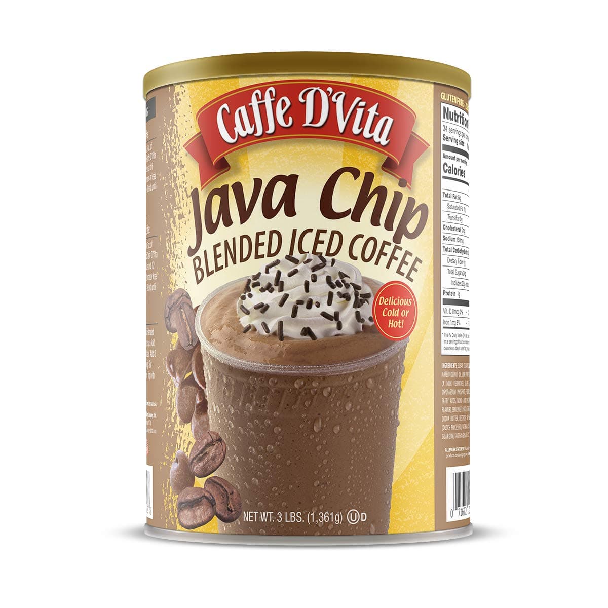 Java Chip Latte Blended Ice Coffee - Java Chip Frappe Mix, Blended Iced Coffee Mix, Gluten Free, Low Fat, No Cholesterol, No Hydrogenated Oils, No Trans Fat, Kosher-Dairy - 3 Lb Can