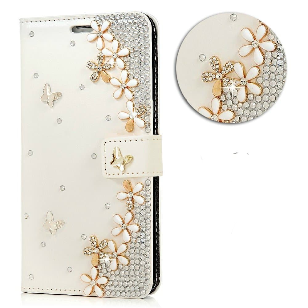 S8 + Case,Samsung Galaxy S8 Plus Case - 3D Handmade Wallet Bling Crystal Diamonds Ten Camellia Floral Fashion Embossed PU Leather Cover with Magnetic Clasp Card Holders, White (S8 Plus, Diamond 01)