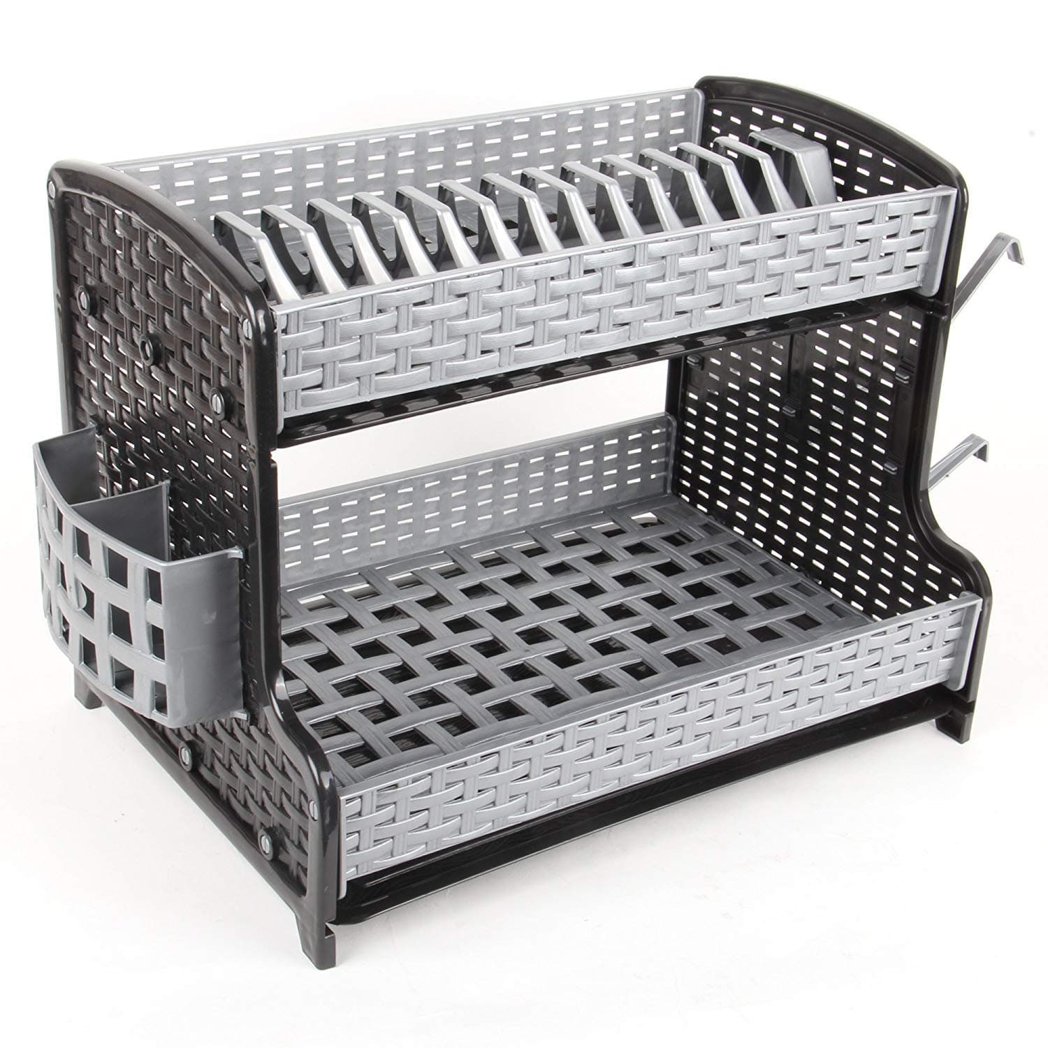 Black - Silver Raddan Double Drip Tray 2 Layer Plastic Dish Drainer Rack Utensil Cutlery Draining