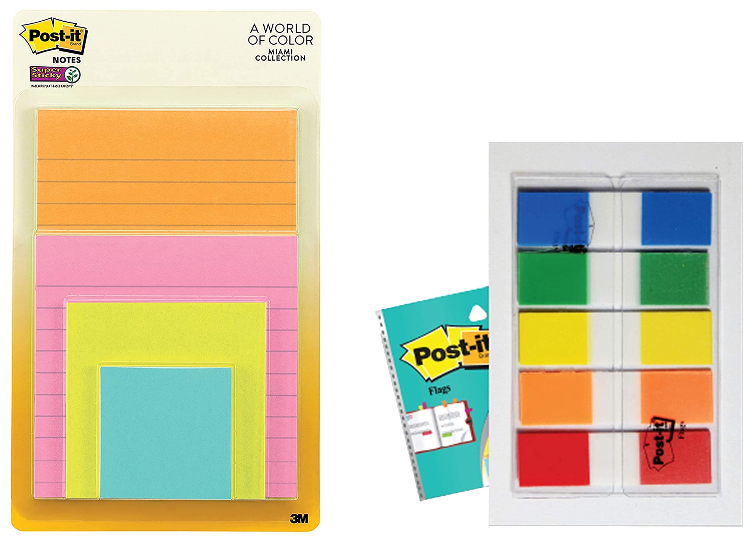 3M Post-it Super Sticky Lined Notes | 2X Sticking Power | 4 Pads x 45 Sheets | Assorted Sizes | Notes, Reminders, Study, School and organizing | Bright Neon Colours & Post-it Flags - Pack of 5