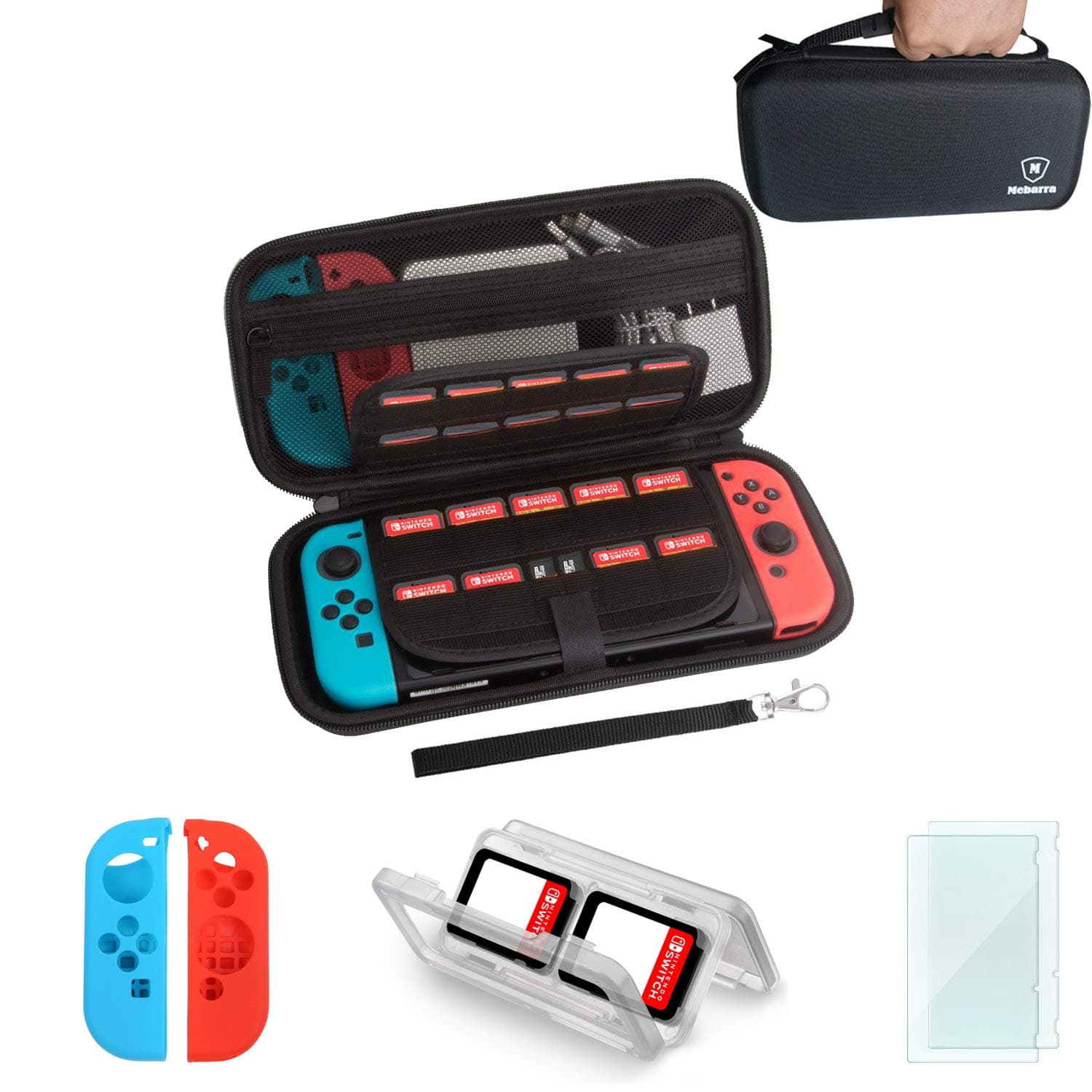 Carrying Case and Screen Protector for Nintendo Switch, Mebarra Switch Case with 29 Game Cards Holders, Travel Card Holder and Joy-con Skin Accessories Starter kit