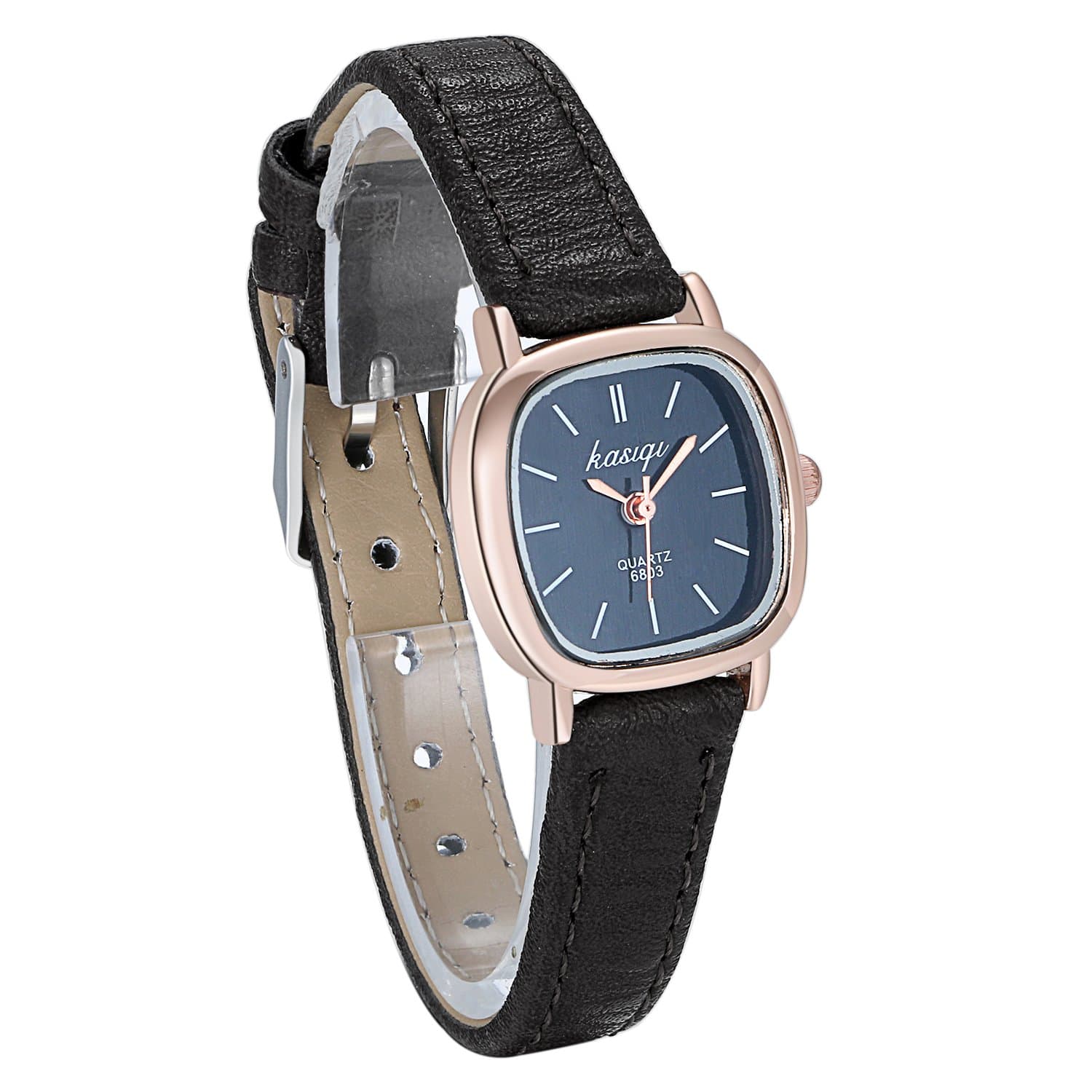 Women's Small Square Dial Slim Leather Strap Quartz Wrist Watch - Rose Gold Tone Case