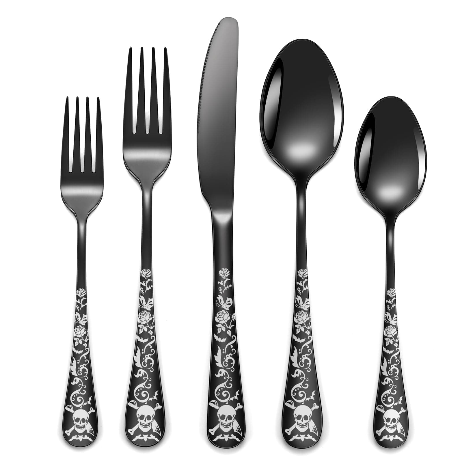 Skull Black Silverware Set for 8, 40-Piece Pirate Rose Flatware Set, Gothic Skeleton Flower Bat Knive Fork Spoon Cutlery Dinnerware for Decoration,Halloween horror,Christmas, Party, Gift,Housewarming
