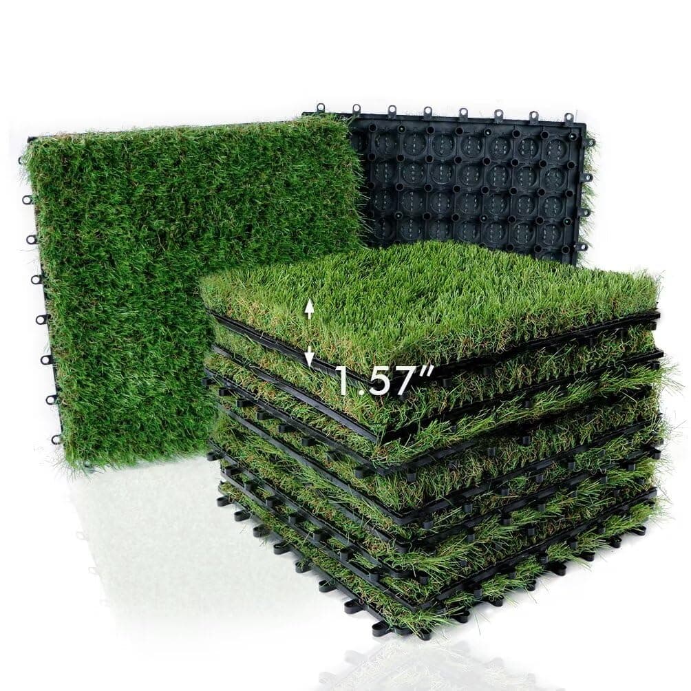 Artificial Grass Tiles Interlocking Turf Deck Set 9 Pack - 12"x12" Synthetic Fake Grass Self-draining Mat Flooring Decor Pad for Dog Pet Indoor Outdoor