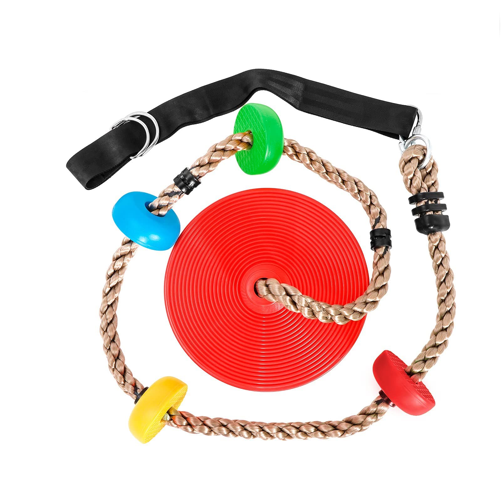 Climbing Rope Tree Swing with Multicolor Platforms and Disc Swing Seat Set 6.5ft Outdoor Playground Accessories Playset Including Hanging Strap & Carabiner(Red)