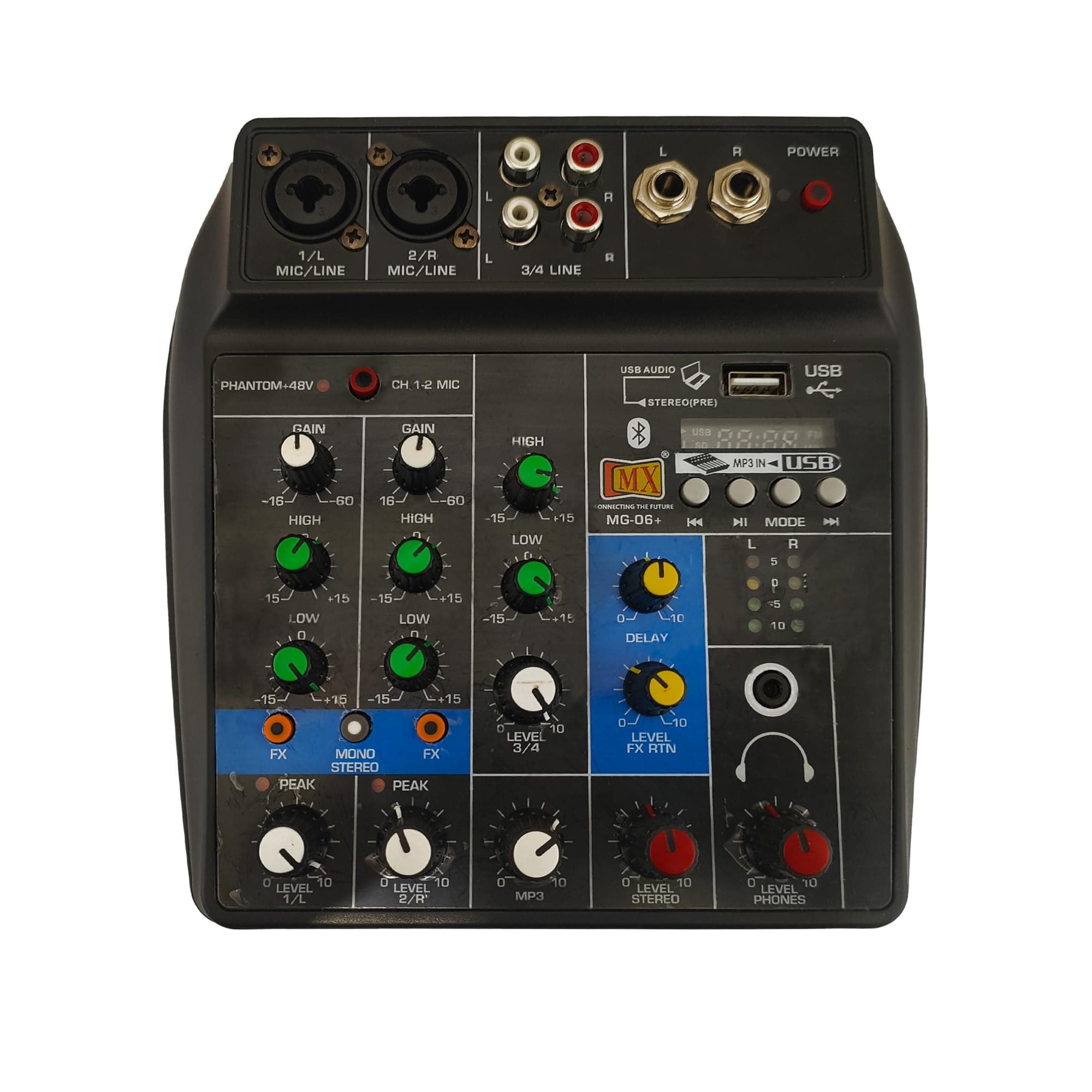 4 Channel Audio Mixer – Basic Sound Mixing Console with Bluetooth USB 48V Phantom Power. Use for Basic audio learning set-up (NOT FOR RECORDING or PROFESSIONAL AUDIO MIXING CONSOLE) (1)