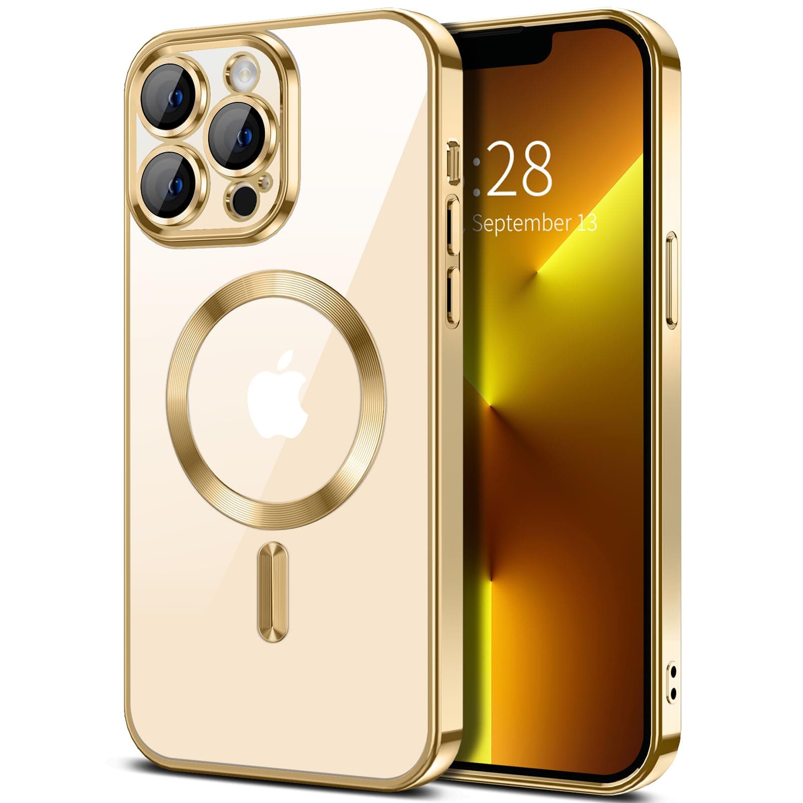 Hython Magnetic Clear for iPhone 13 Pro Max Case with Camera Lens Protector [Compatible with MagSafe] Plating Edge Slim Soft TPU Cover Protective Phone Case for iPhone 13 Pro Max 6.7", Gold