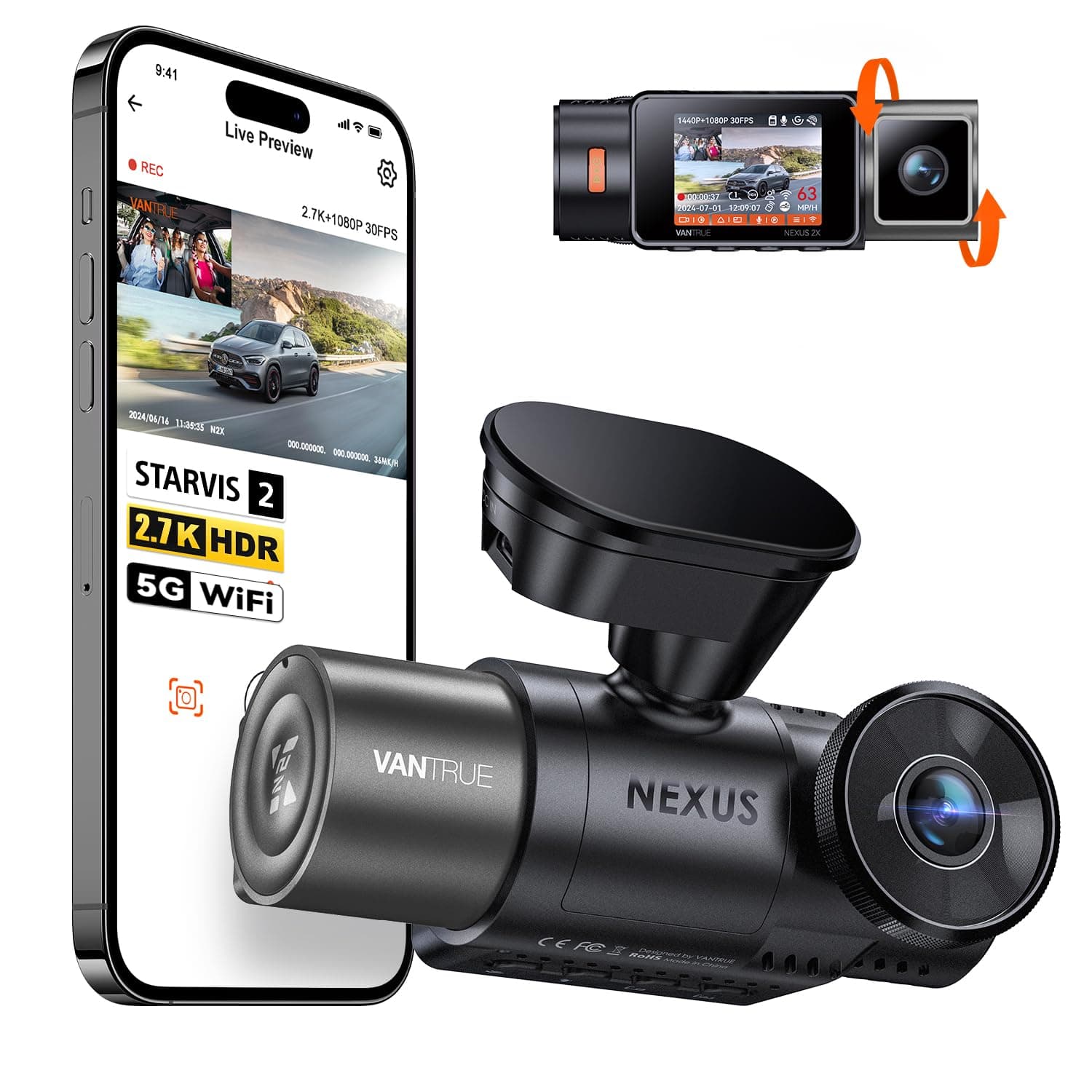 – N2X Dash Cam 2.7K Front and Inside, STARVIS 2 IMX675, Dual Dash Cam For Cars, Car camera with 5G WiFi, HDR, Night Vision, GPS, 24H Buffered Parking Mode, 60fps, Voice Control,Support 512GB Max