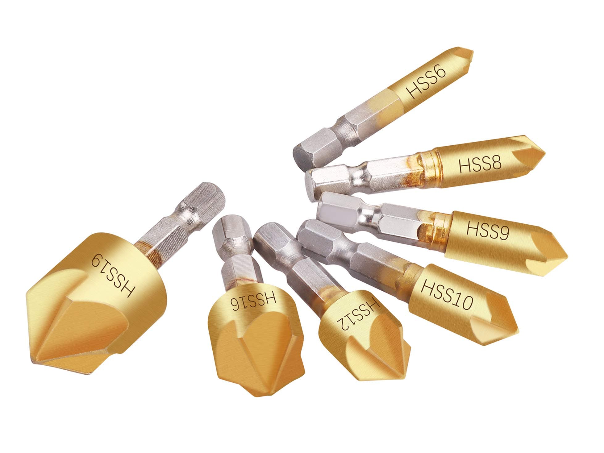 Countersink Drill Bit Set 7 Pack 1/4'' Hex Shank and 90 Degree HSS 5 Flute Drill for Woodworking Drilling