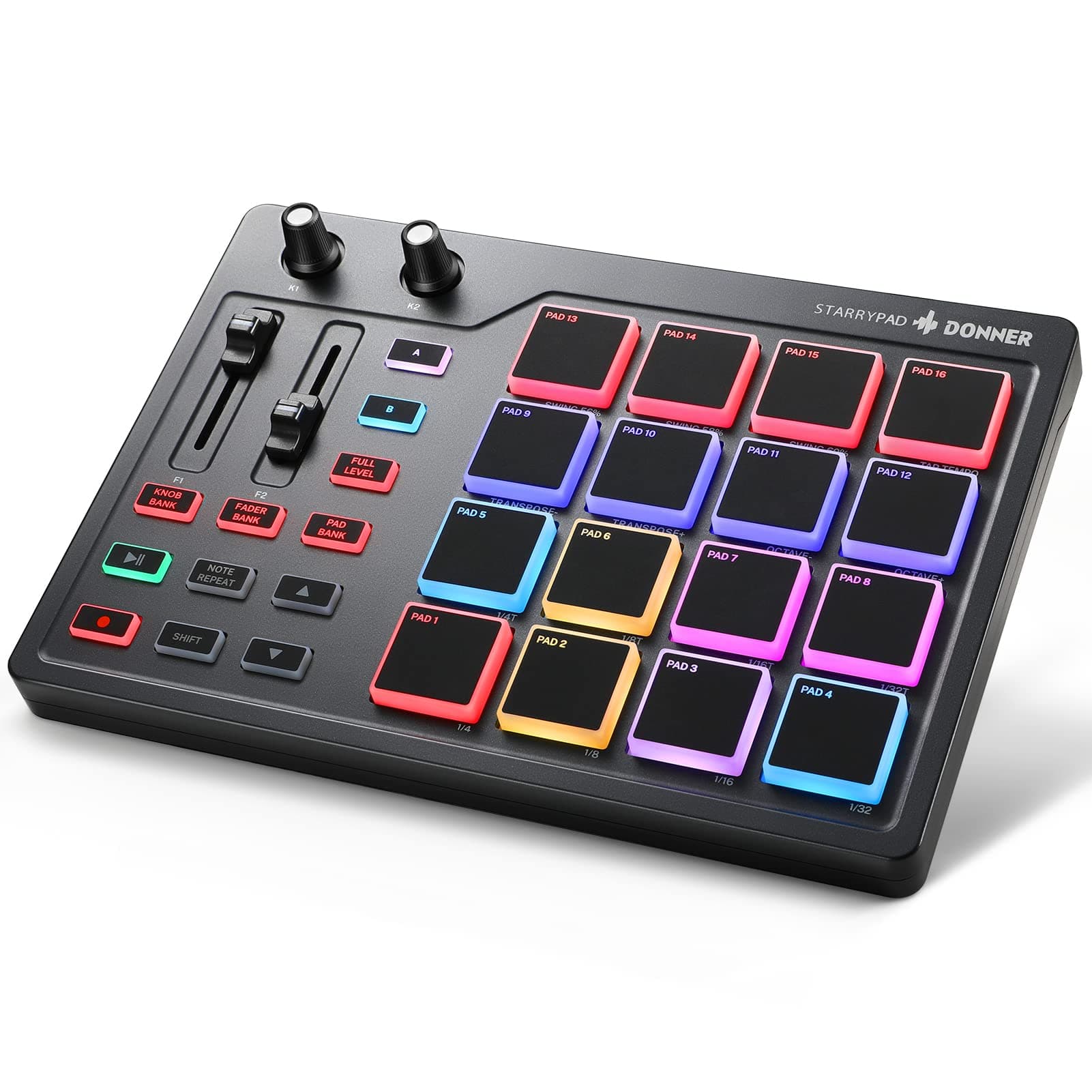 MIDI Pad Controller Keyboard USB Type-C, Professional Drum Pad Machine Beat Maker with 16 Pads, MIDI out, 2 Assignable Fader and Knobs (STARRYPAD MINI, Black)