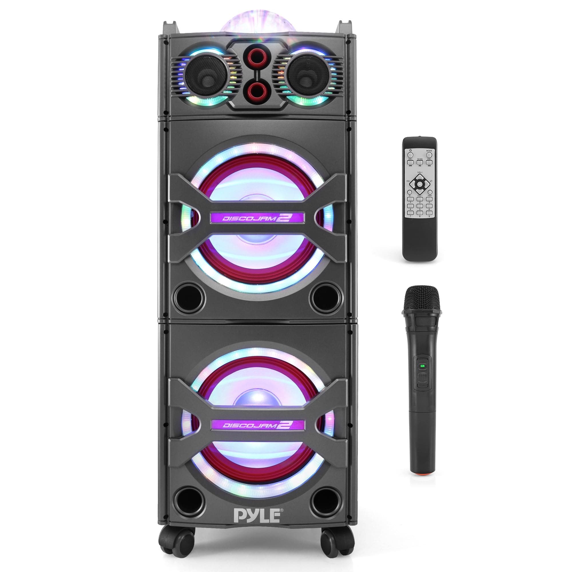 Portable Bluetooth PA Speaker System - 2000W Active powered Outdoor Bluetooth Speaker Portable PA System w/ Microphone In, Party Lights, USB SD Card Reader, AUX/RCA/FM Radio, Wheels - PSUFM1043BT