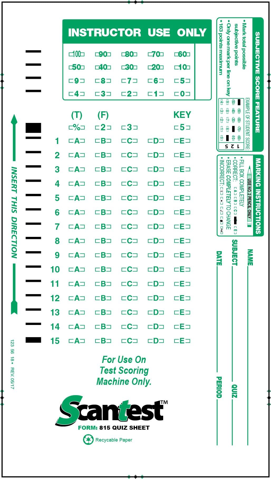SCANTEST-815 QUIZ SHEET, 815-E Compatible Test Forms (100/pkg)