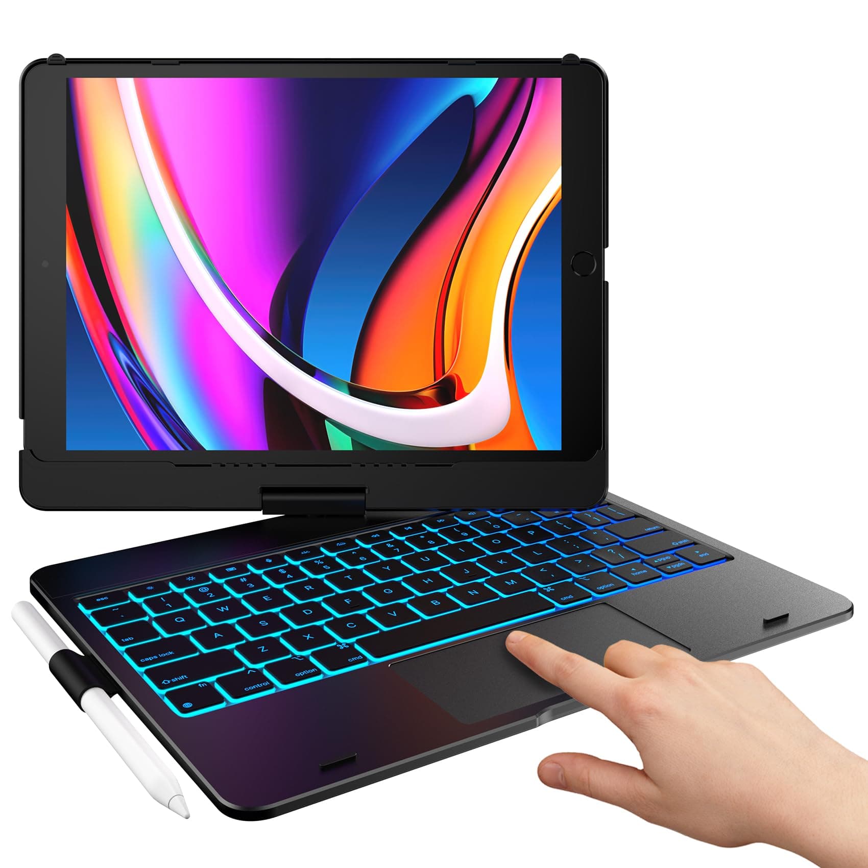 typecase Touch Keyboard Case for iPad 10.2-inch (9th/8th/7th Gen),Air 3, Pro 10.5" - Multi-Touch Trackpad, 360° Rotatable, 11 Color Backlight, Thin & Light, Black