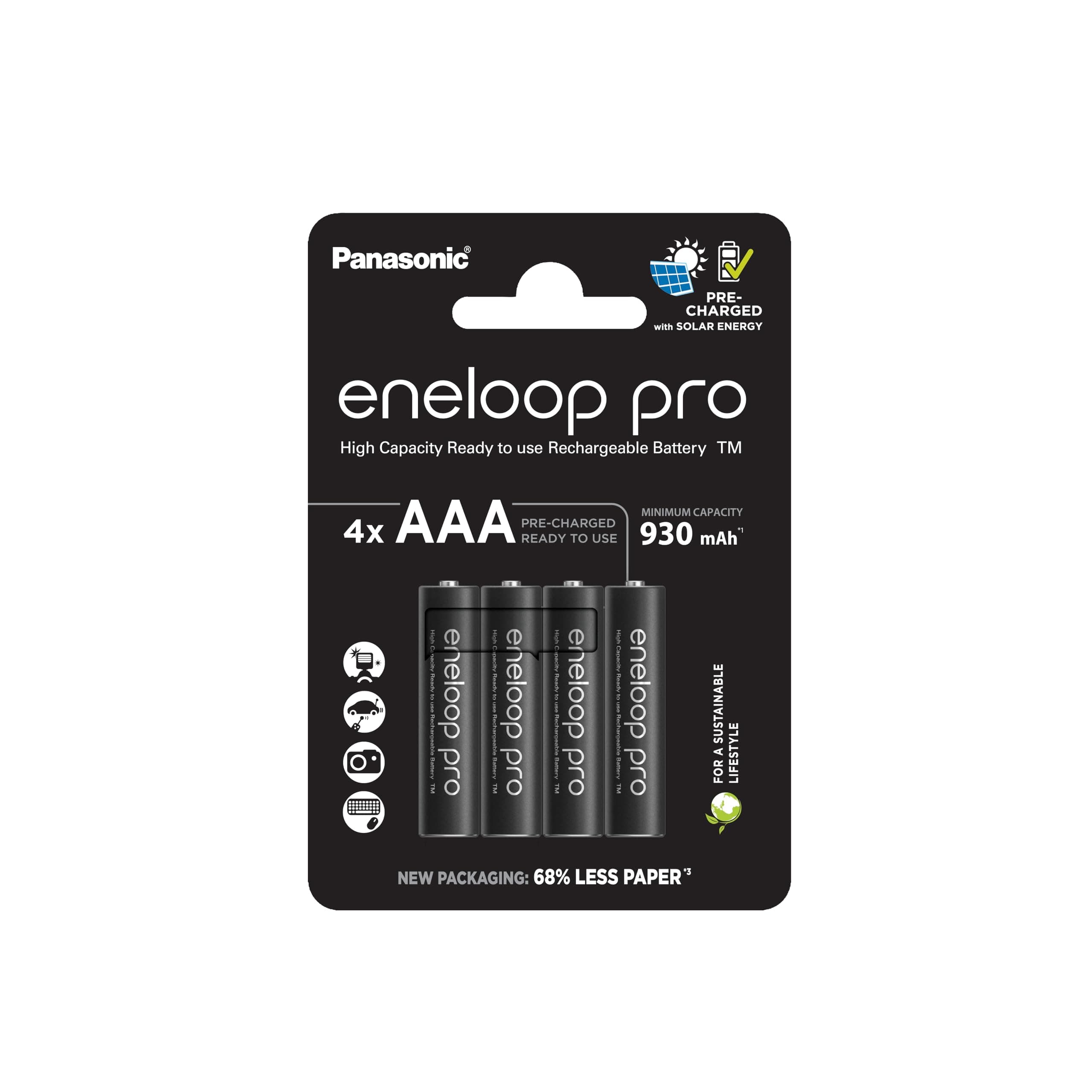 eneloop Pro AAA/Micro NI-MH Battery, 4 Pack, Capacity with Min. 930 mAh, Ready-to-Use NI-MH Batteries, Rechargeable up to 500 Times, Plastic-Free Packaging, Pro, Black