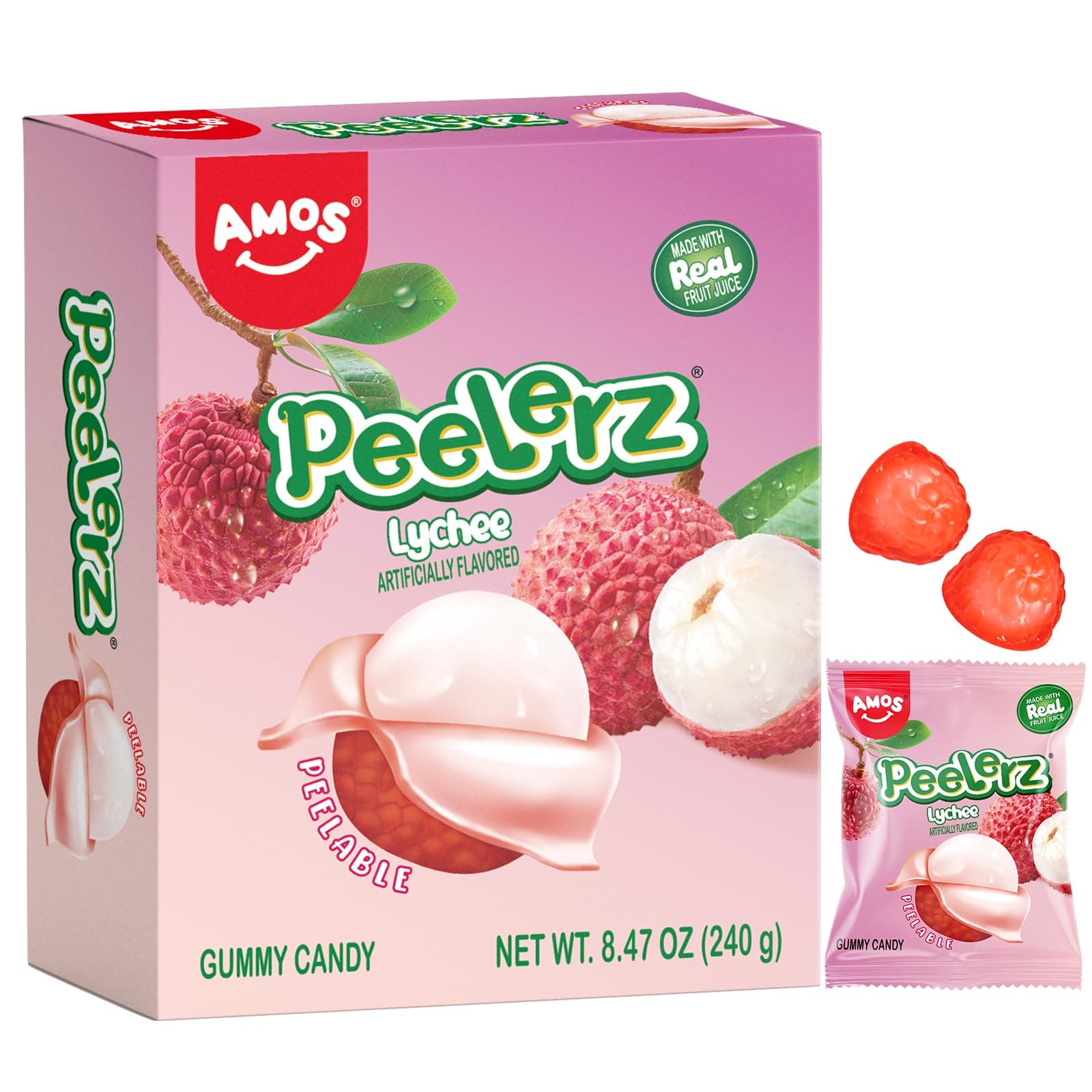AMOS Peelerz Lychee Gummy Candy, Peelable Fruit-Shaped Candy, 8.47oz Box with...