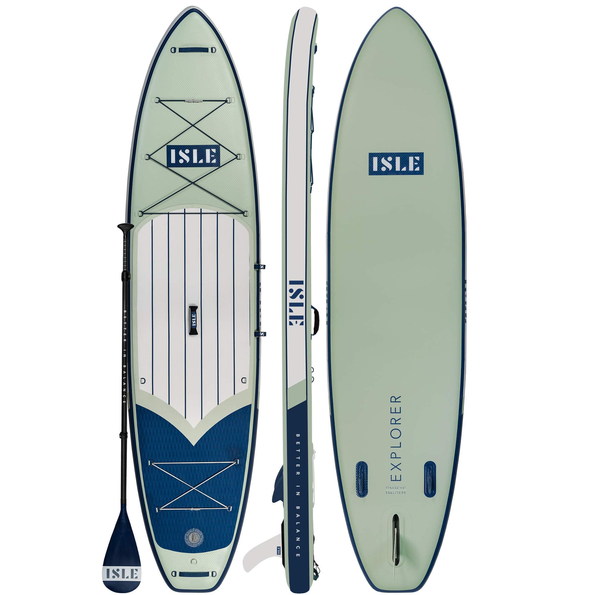 ISLE Explorer Inflatable Stand Up Paddle Board & iSUP Bundle Accessory Pack — Durable, Lightweight with Stable Wide Stance — 300 Pound Capacity, 11'6" Long, 6" Thick (Green)