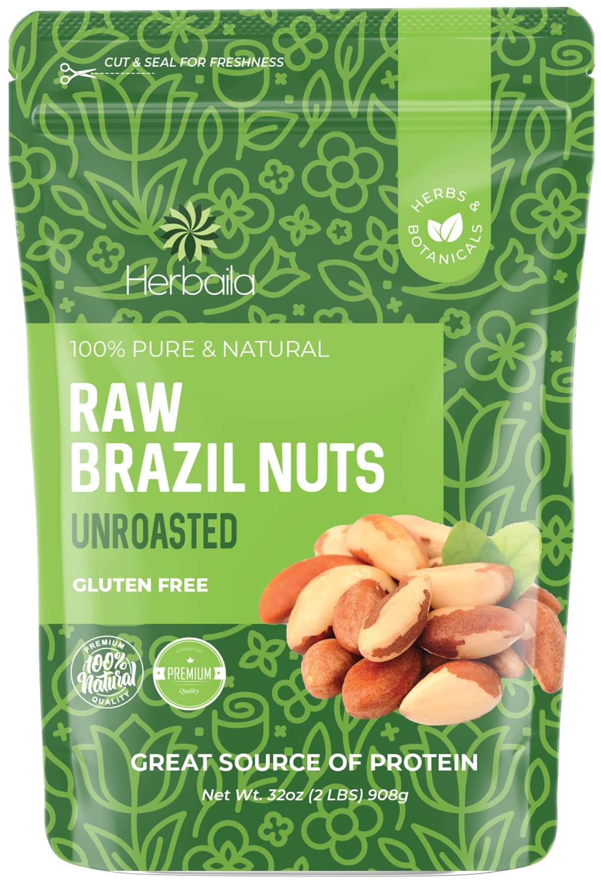 Herbaila Brazil Nuts Raw, 2lb. Brazilian Nuts, Raw Brazil Nuts Unsalted, Shelled Brazil Nuts Whole, Fresh Brazil Nuts Brazilian, All Natural, Non-GMO, Vegan. Whole and Shelled, 32 oz.