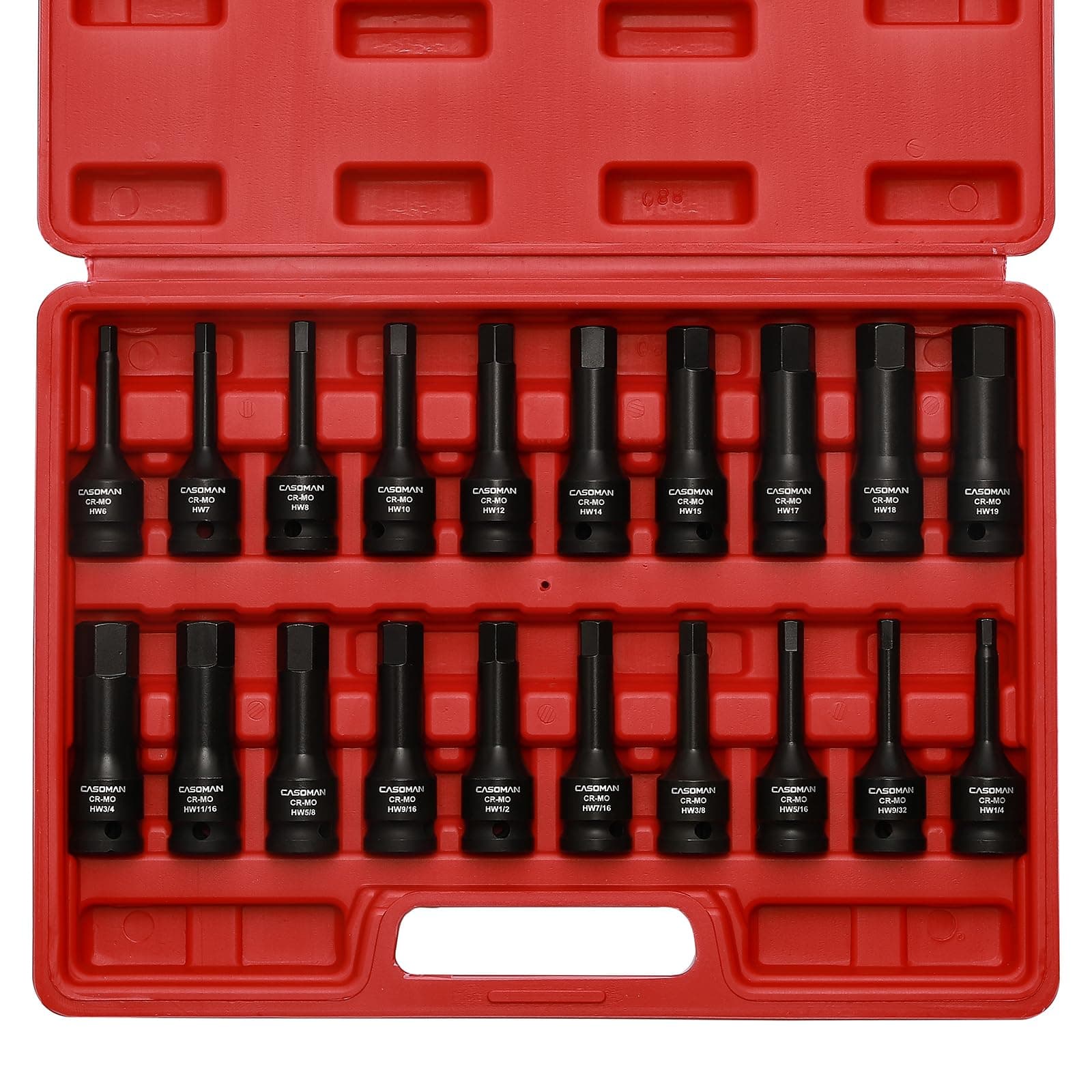 1/2" Drive Master Impact Hex Bit Set, Hex Driver, SAE/Metric, 1/4" - 3/4", 6mm - 19mm, Cr-Mo Steel,Impact Grade, One-Piece Construction, 20-Piece 1/2" Drive Allen Bit Socket Set