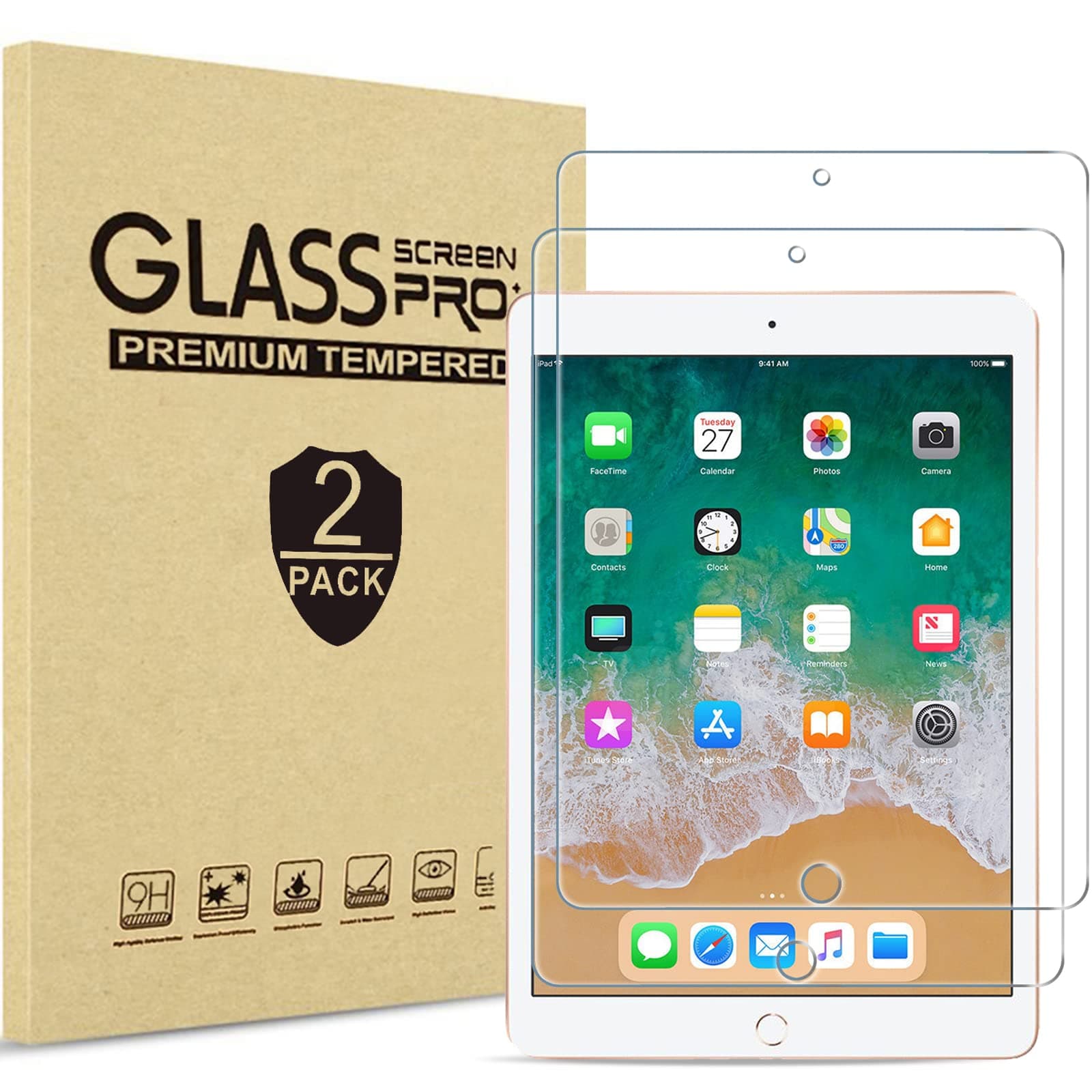 ProCase 2 Pack Screen Protector for iPad 6th/ 5th 9.7", iPad Air 2/ Air 1, iPad Pro 9.7 2016, Tempered Glass Film Guard for A1893 A1954 A1822 A1823 A1673 A1566 A1474
