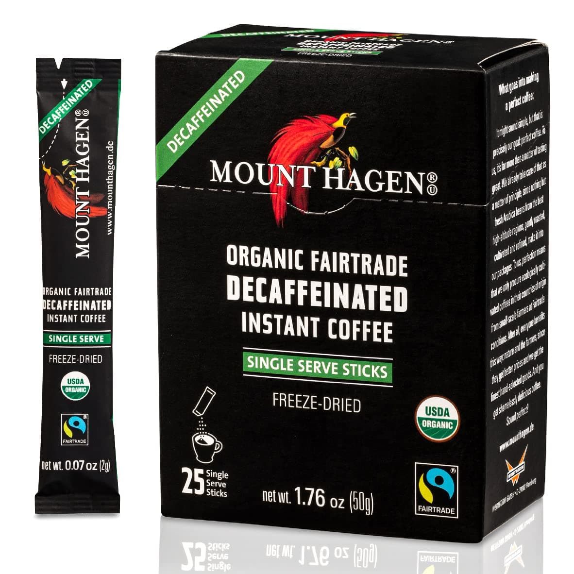 Mount Hagen 25 Count Single Serve Instant Decaf Coffee Packets - 1 Pack | Decaffeinated Organic Medium Roast Arabica Beans | Eco-friendly, Fair-Trade [1 x 25 sticks/1.76oz/50g]